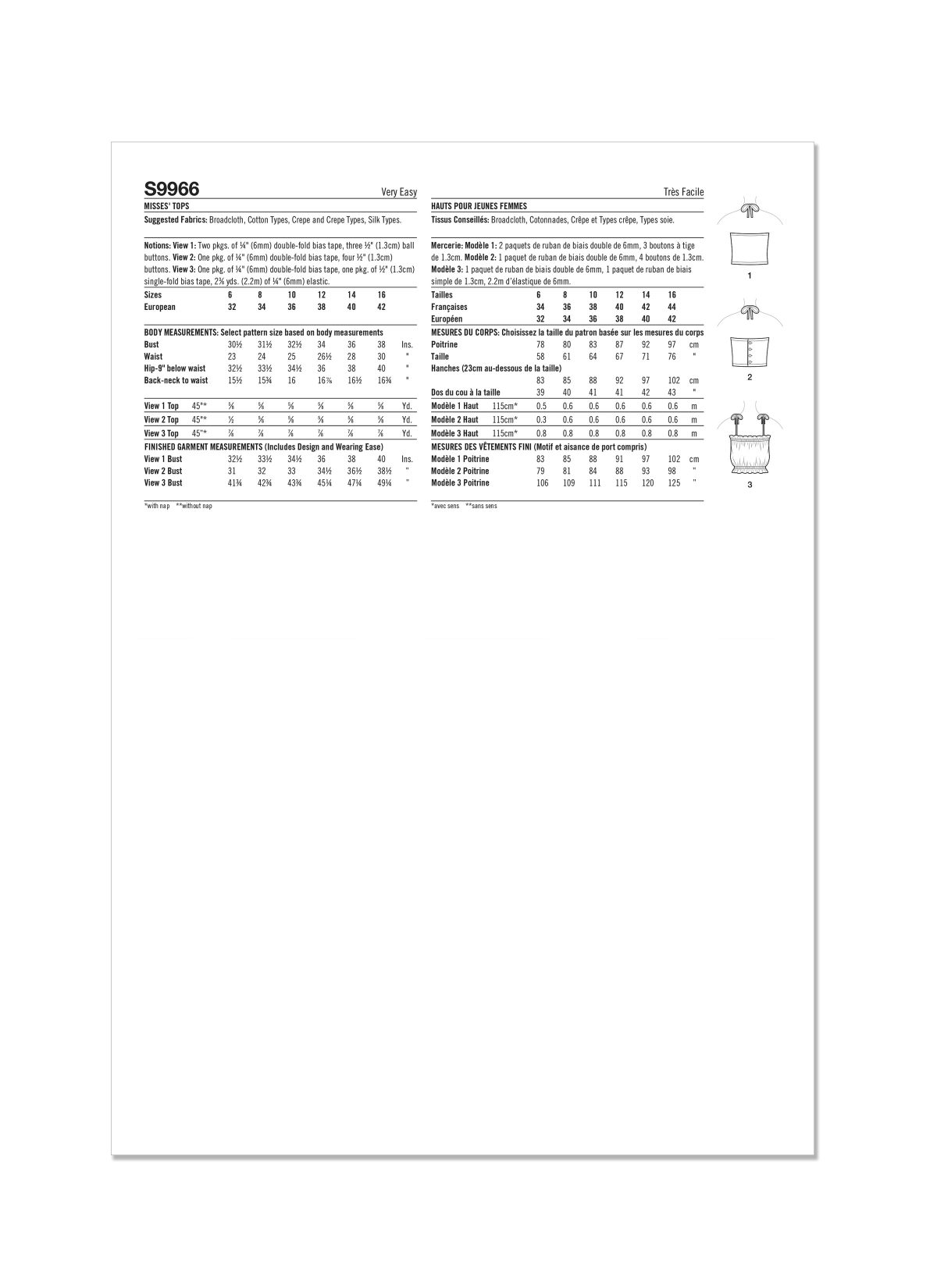 Simplicity Sewing Pattern S9966 Misses' Tops