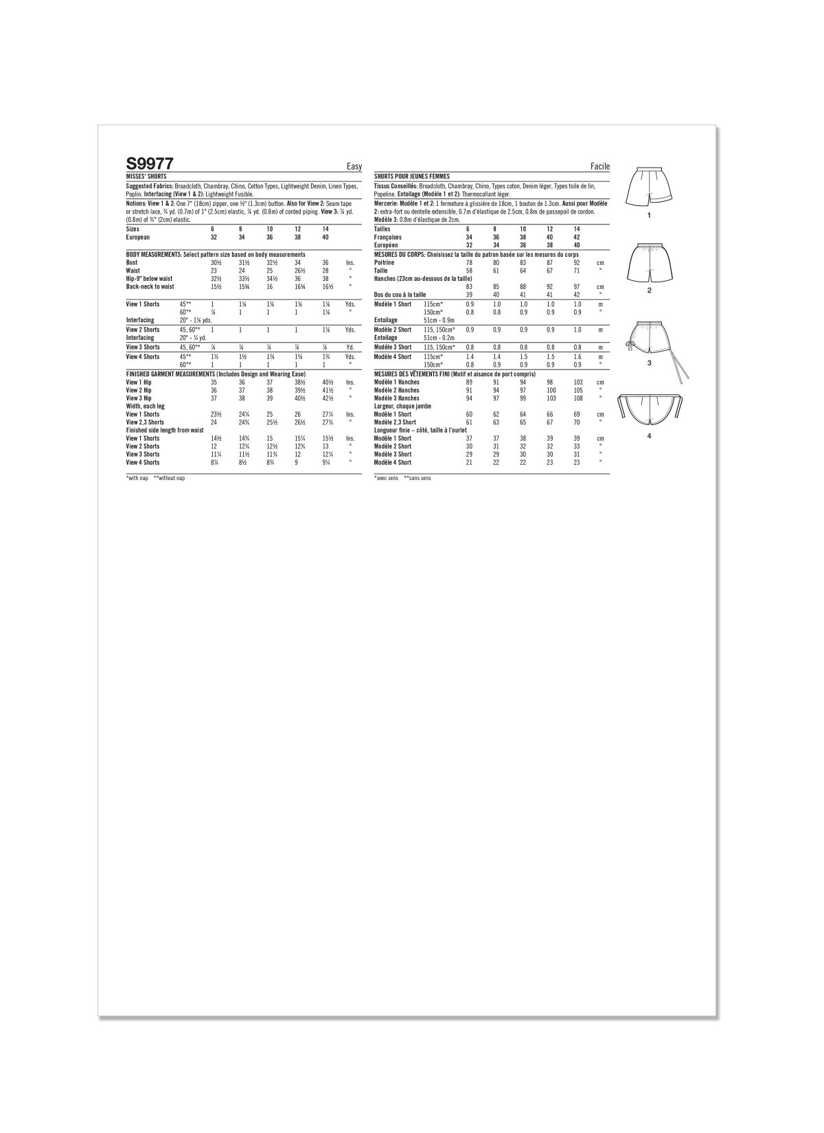 Simplicity Sewing Pattern S9977 Misses' Shorts