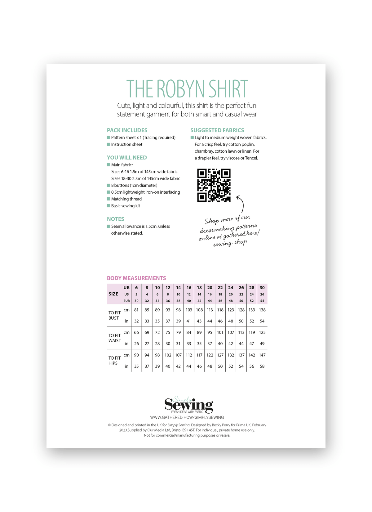 Simply Sewing Robyn Shirt PDF Sewing Pattern