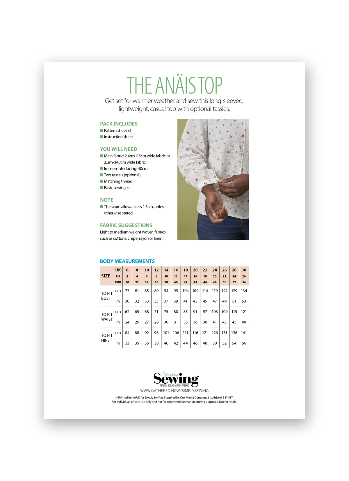 Simply Sewing Anais Top PDF Sewing Pattern