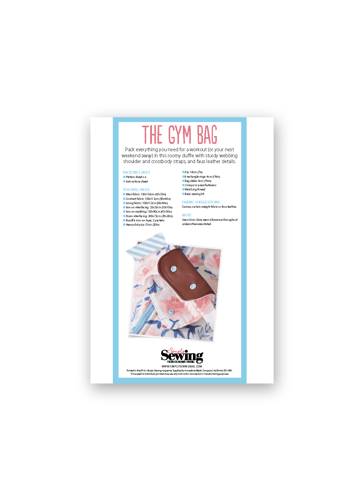Simply Sewing Gym Bag PDF Sewing Pattern