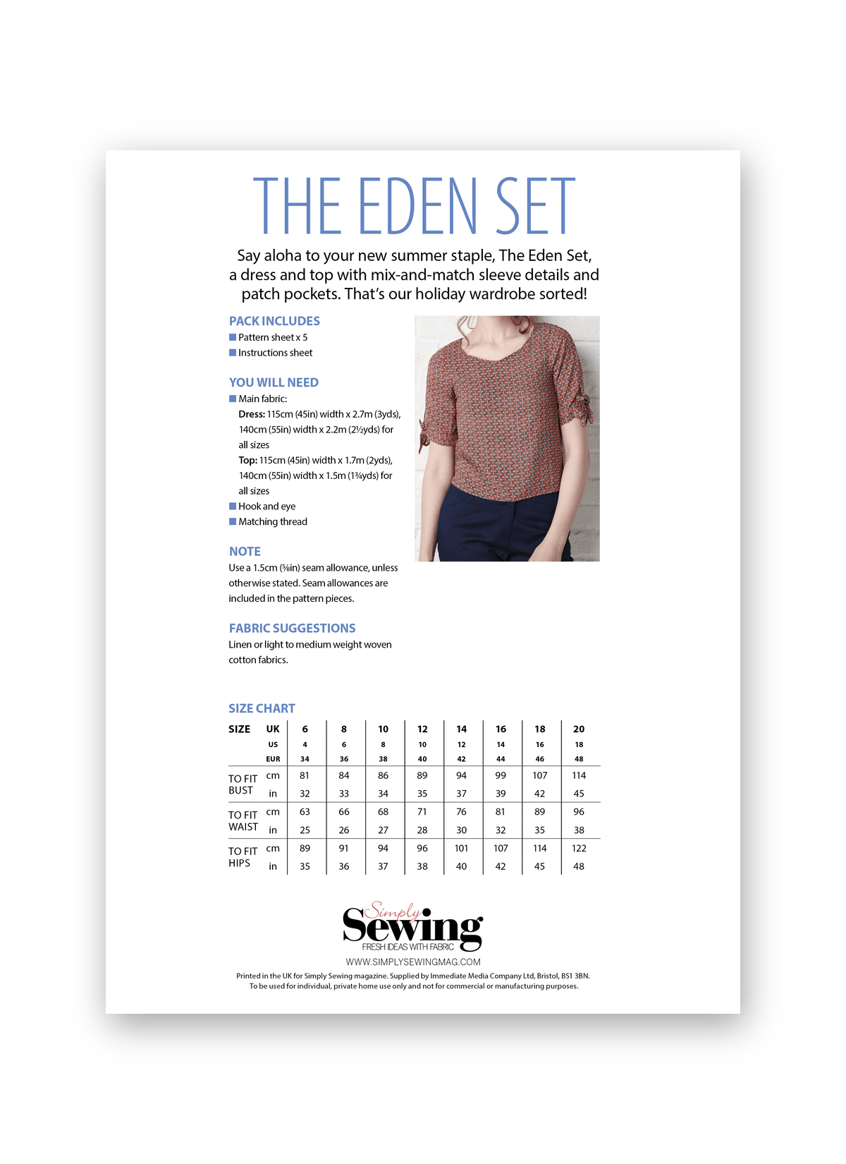 Simply Sewing Eden Summer Dress Set PDF Sewing Pattern