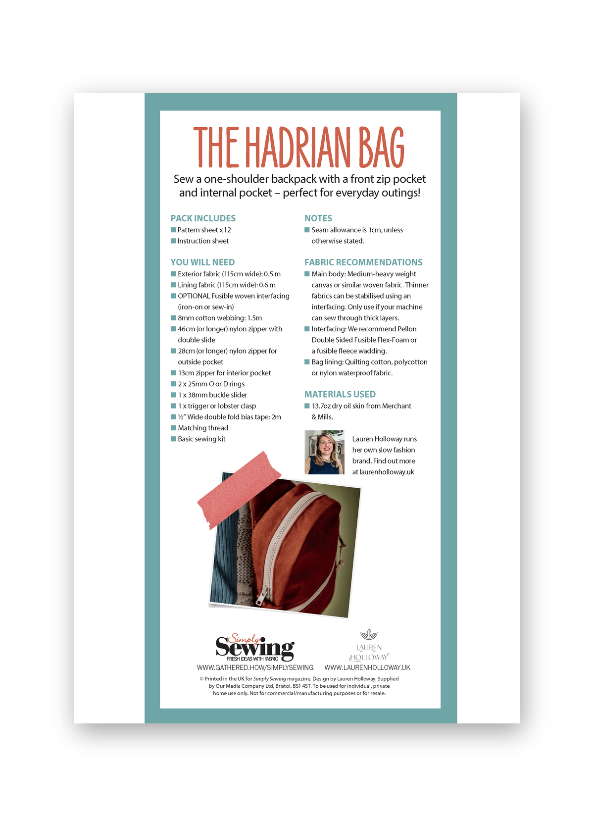 Simply Sewing Hadrian Bag PDF Sewing Pattern