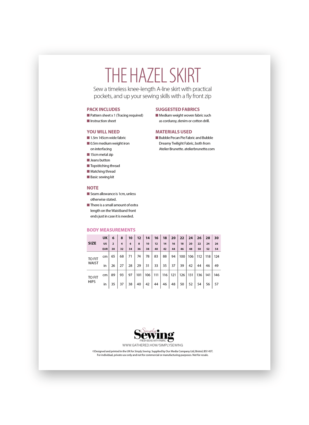 Simply Sewing Hazel Skirt PDF Sewing Pattern