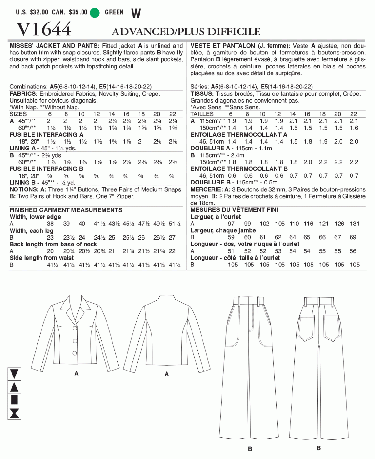 Vogue Patterns V1644 Kathryn Brenne Misses' Jacket and Trousers
