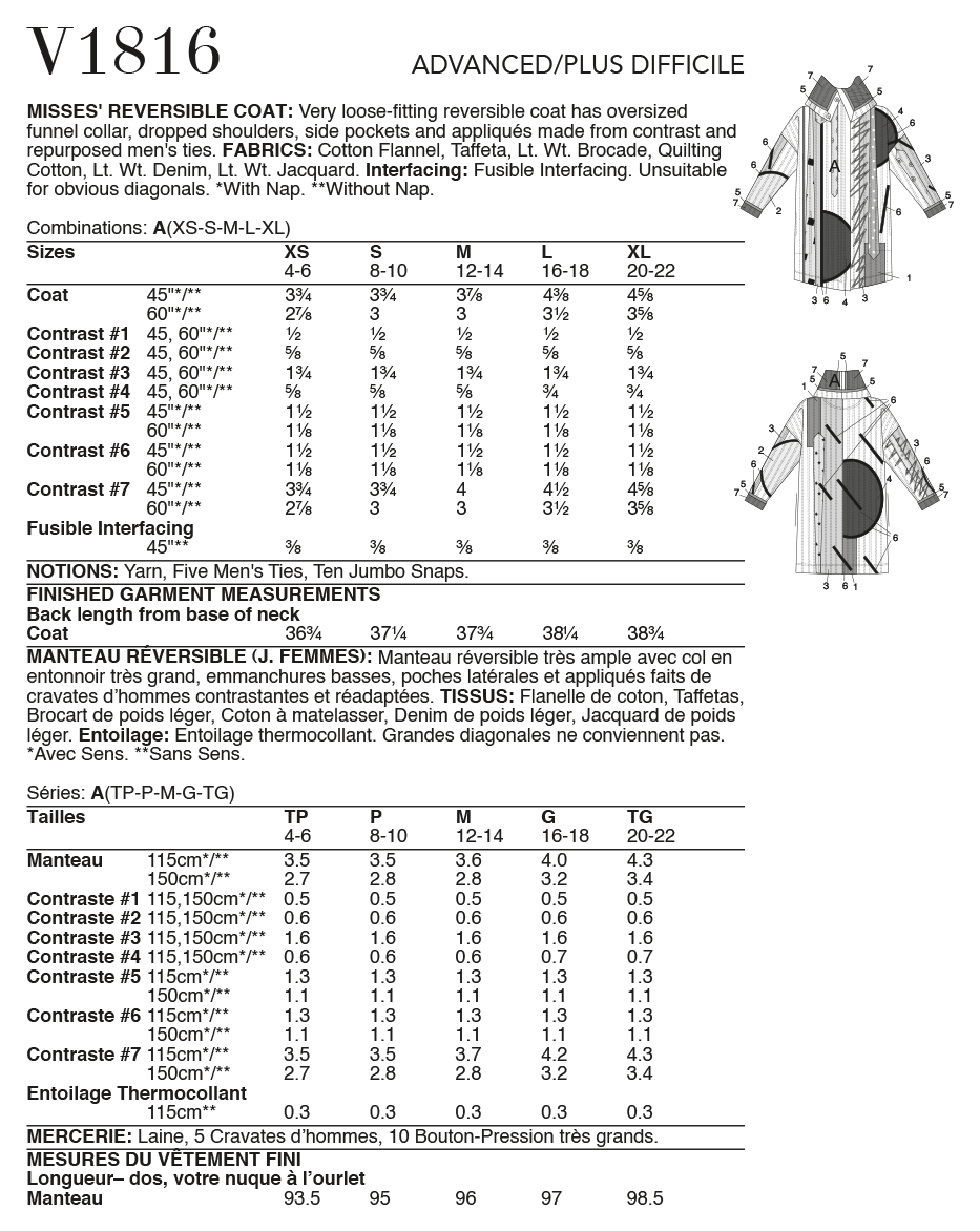 Vogue Patterns V1816 Misses' Reversible Coat, Júlio César NYC