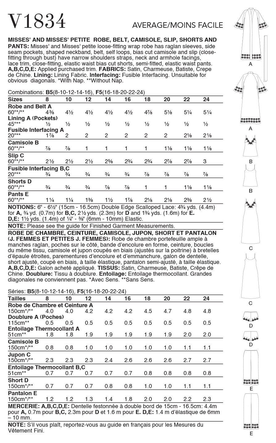Vogue Patterns V1834 Misses' and Misses' Petite Robe, Belt, Camisole, Slip, Shorts and Trousers