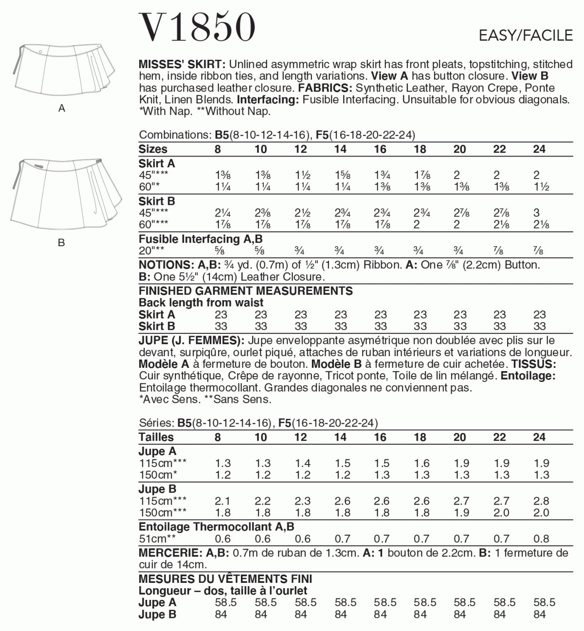 Vogue Pattern V1850 Misses' Skirt