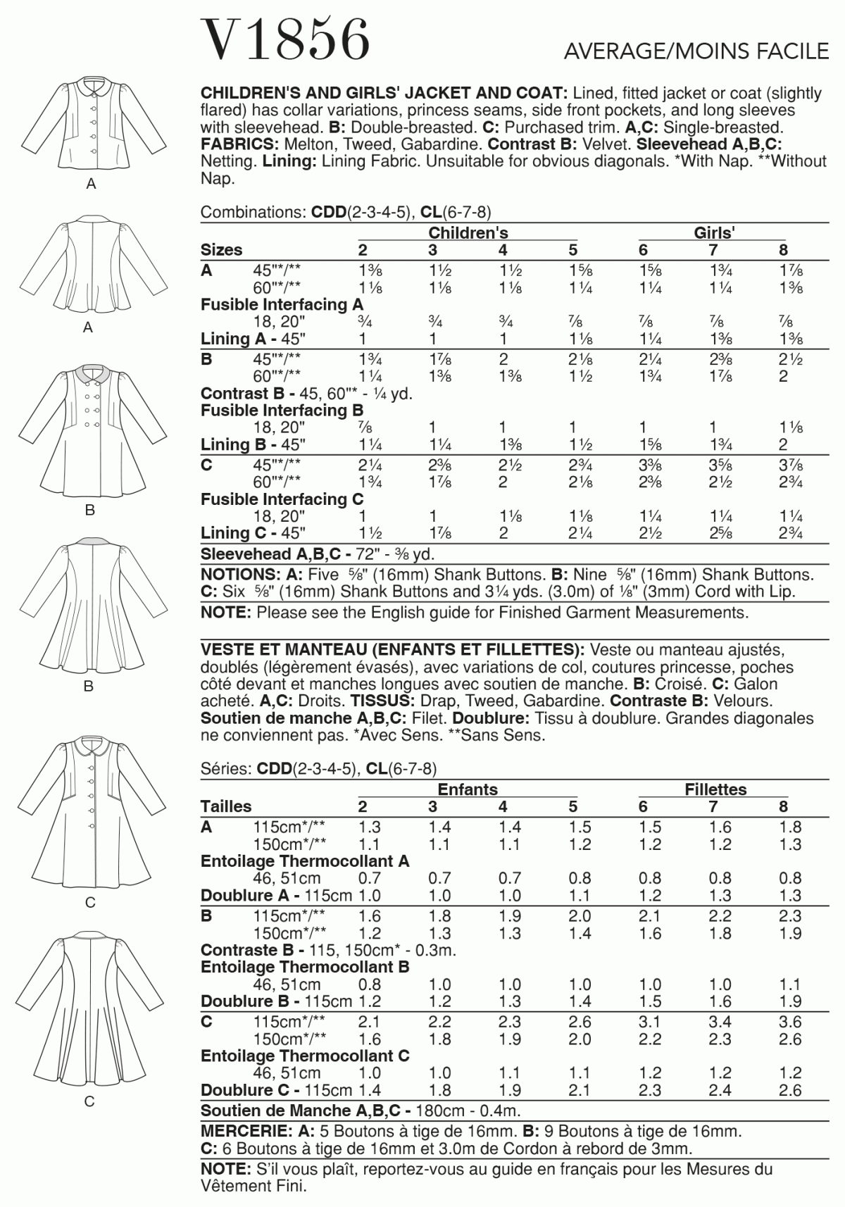 Vogue Pattern V1856 Children's & Girls' Jacket & Coat