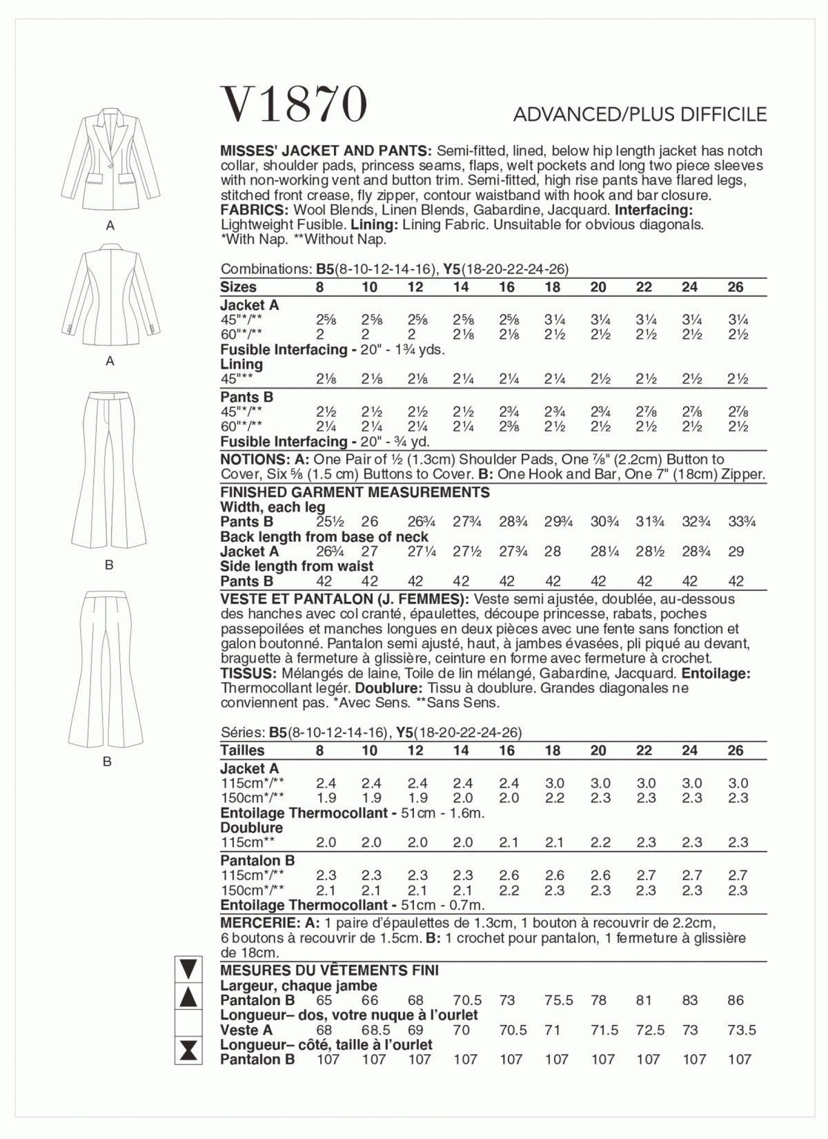 Vogue Patterns V1870 Misses' Jacket and Trousers