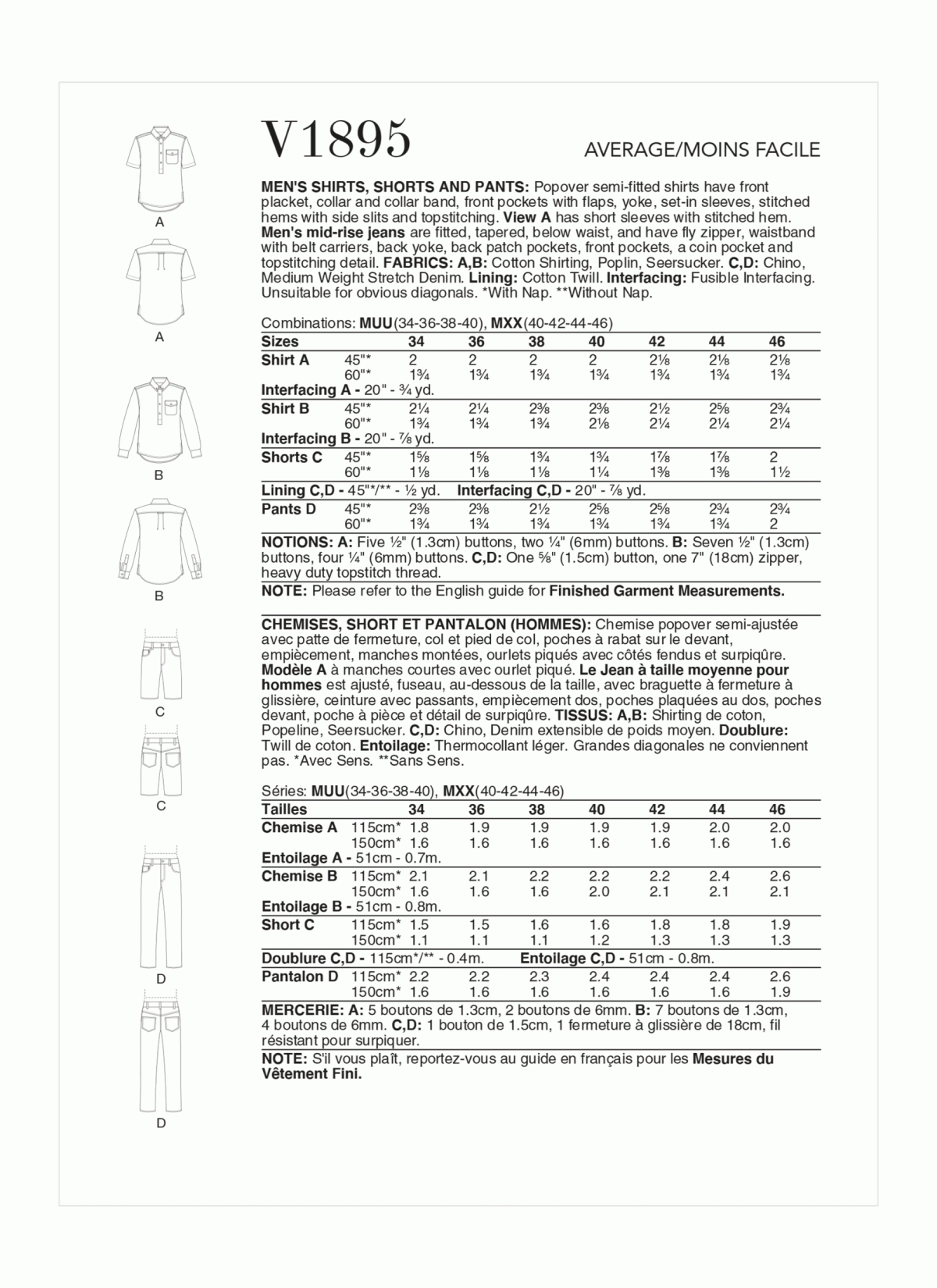 Vogue Patterns V1895 Men's Shirts, Shorts and Trousers