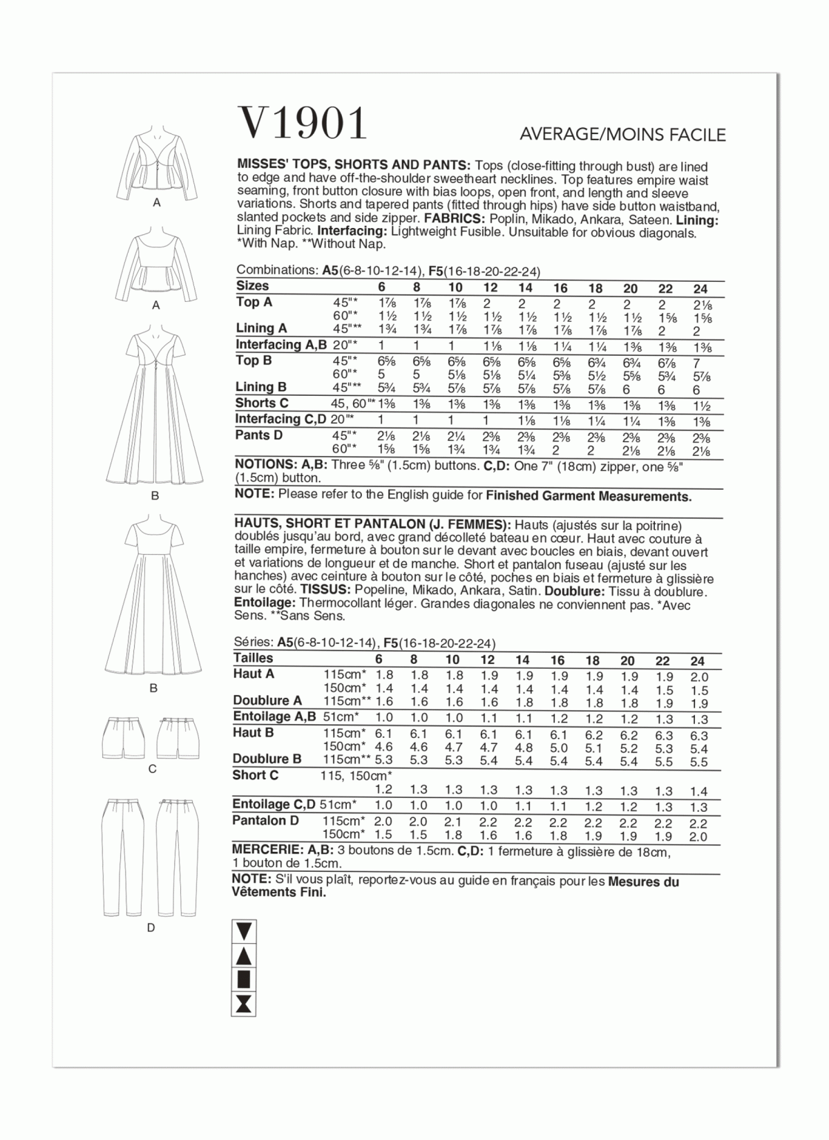 Vogue Patterns V1901 Misses' Tops, Shorts and Trousers