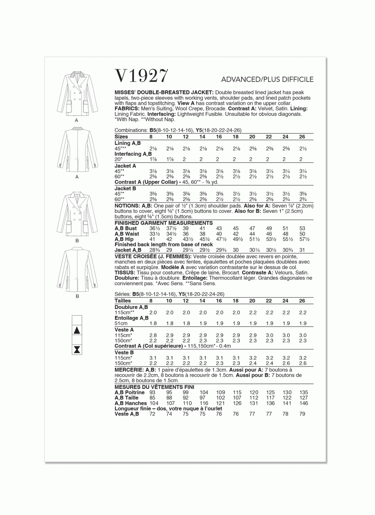 Vogue Patterns V1927 Misses' Double-Breasted Jacket