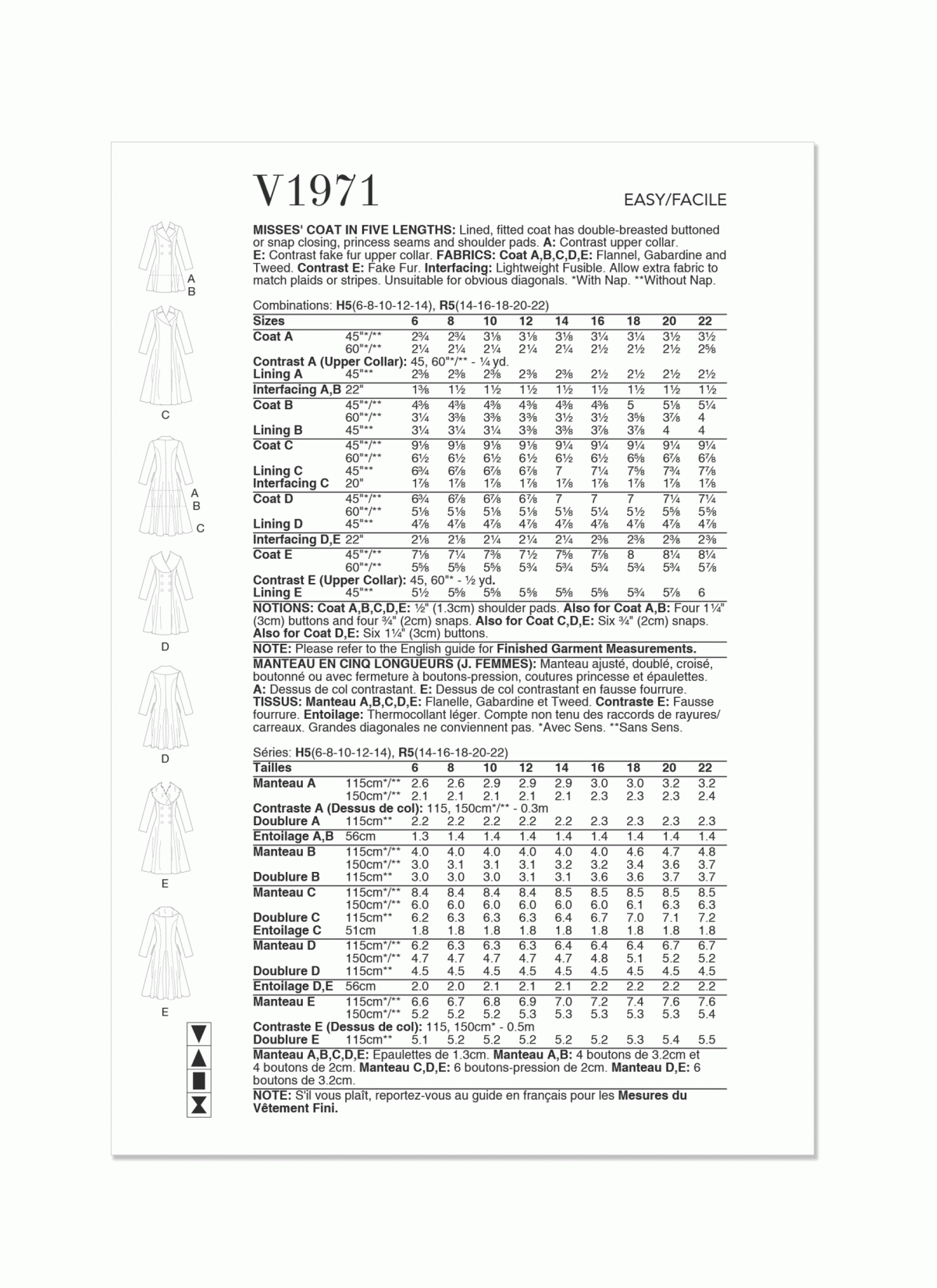 Vogue Patterns V1971 Misses' Coat in Five Lengths