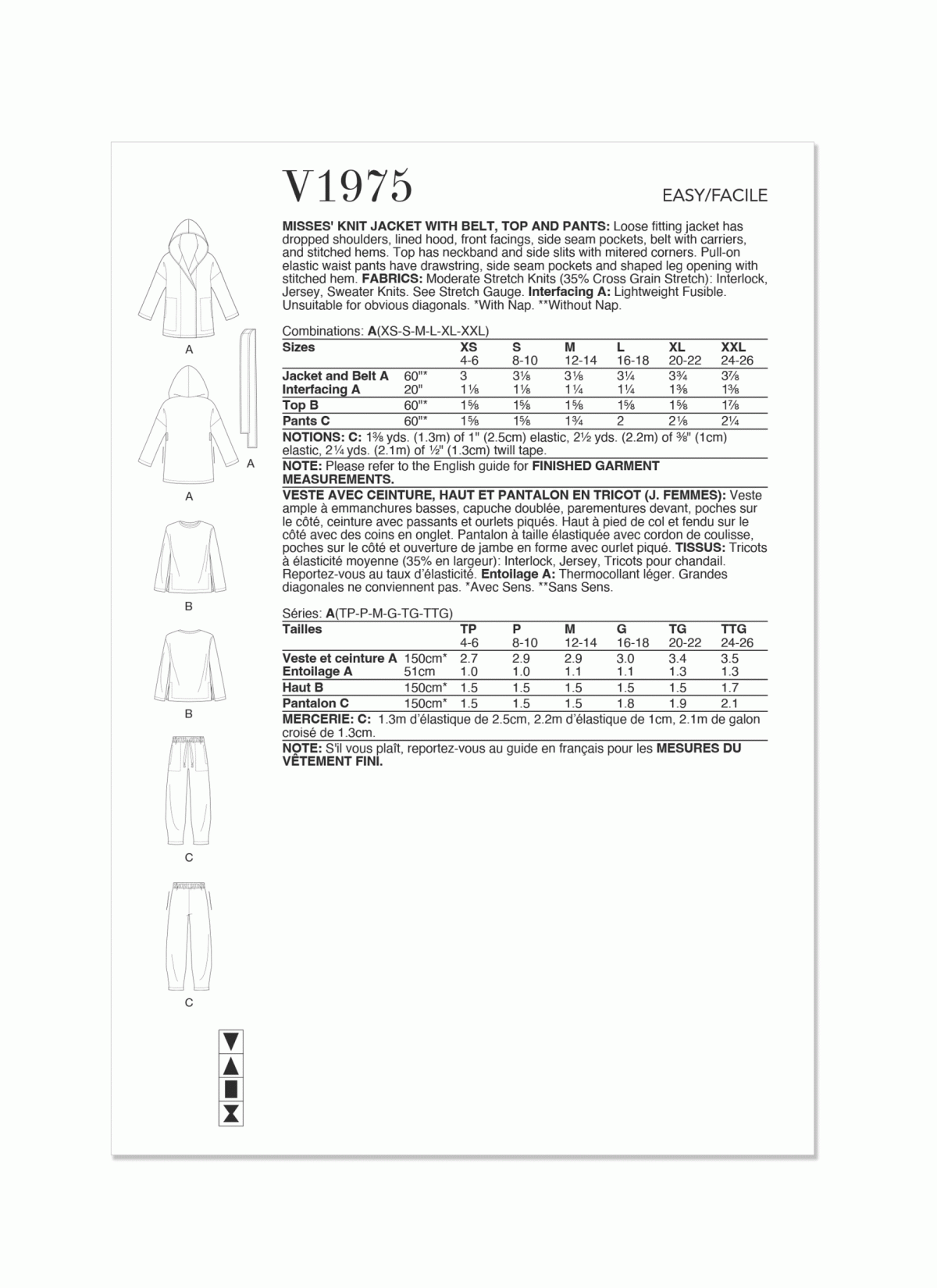 Vogue Patterns V1975 Misses' Knit Jacket with Belt, Top and Bottoms