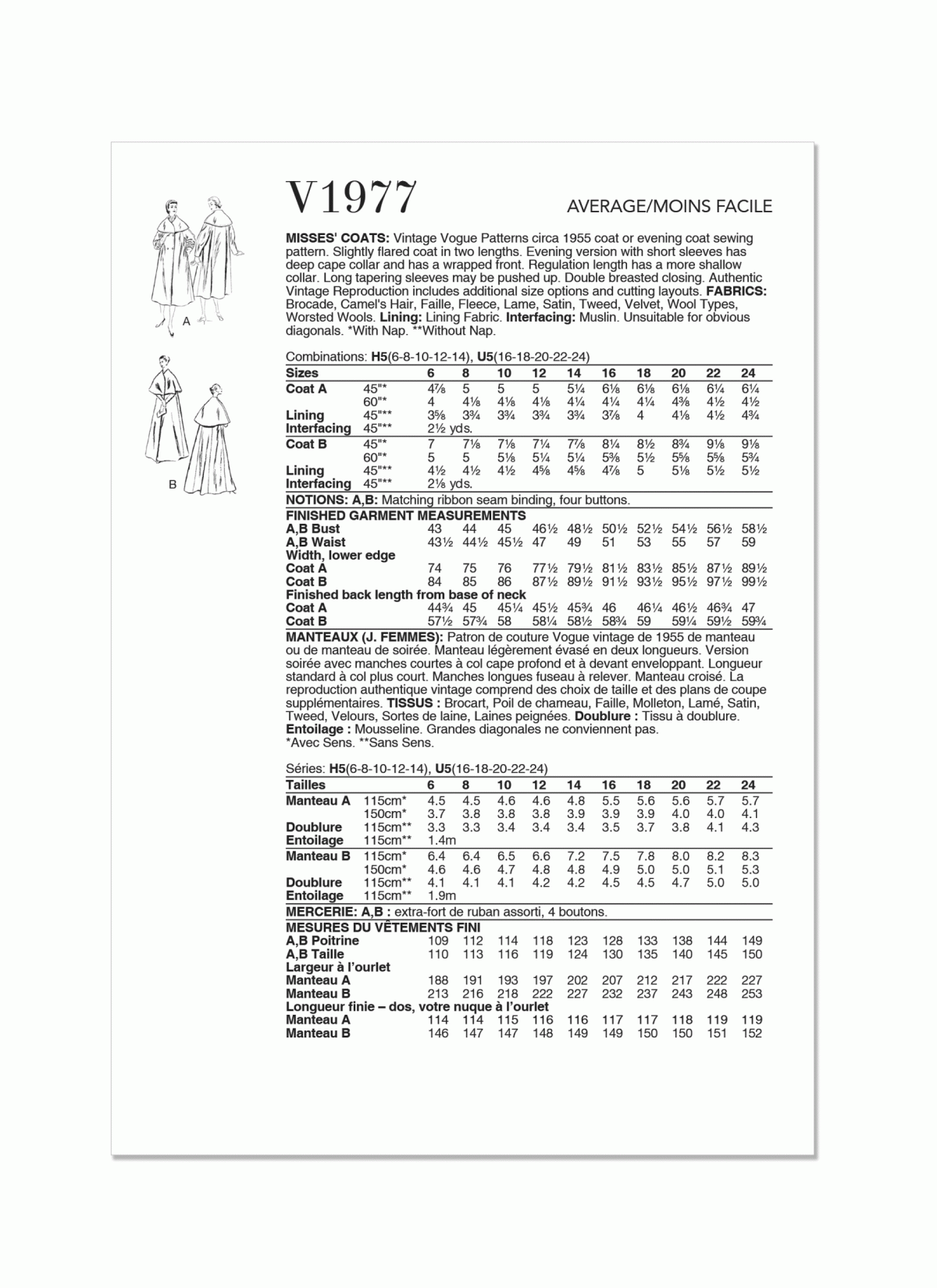 Vogue Patterns V1977 Misses' Coats