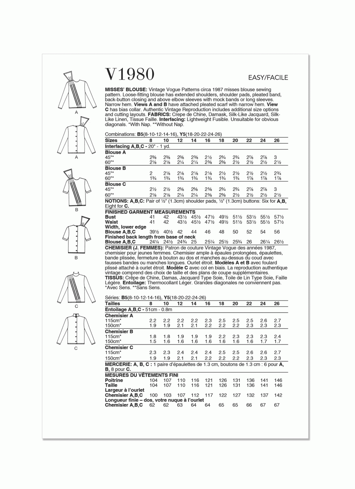 Vogue Patterns V1980 Misses' Blouse