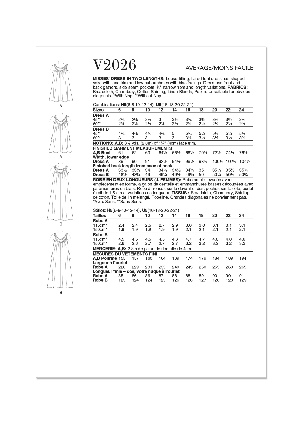 Vogue Patterns V2026 Misses' Dress in Two Lengths