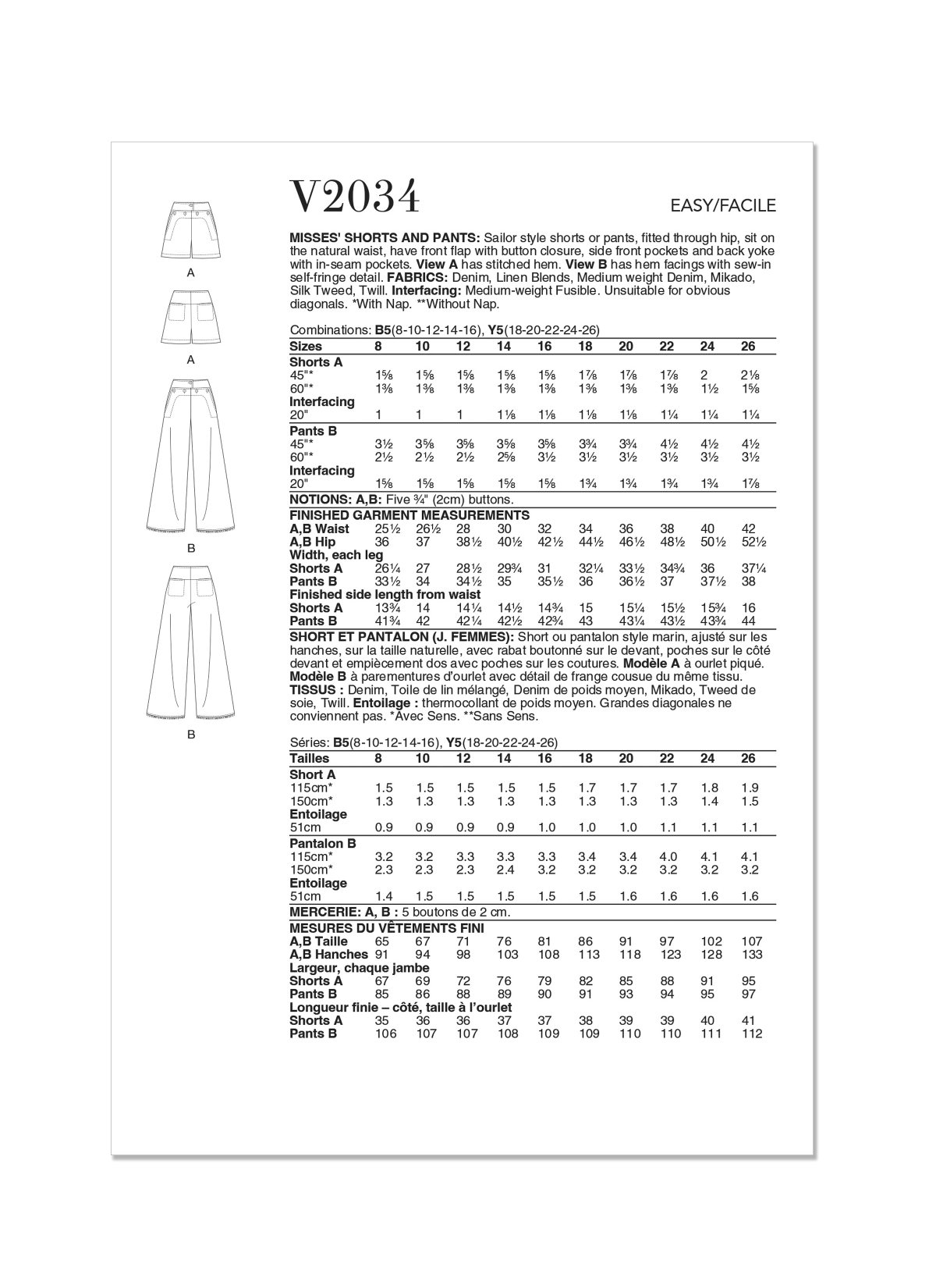Vogue Patterns V2034 Misses' Shorts and Trousers