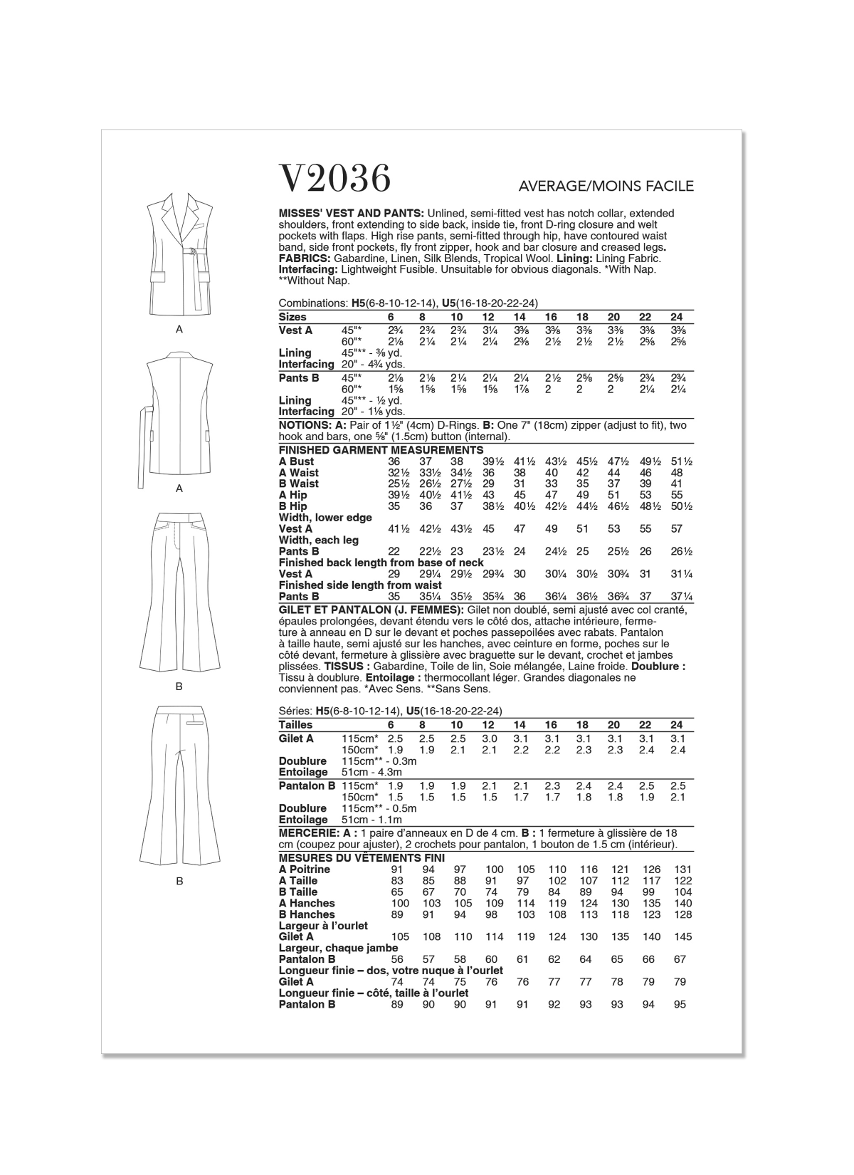Vogue Patterns V2036 Misses' Waistcoat and Trousers