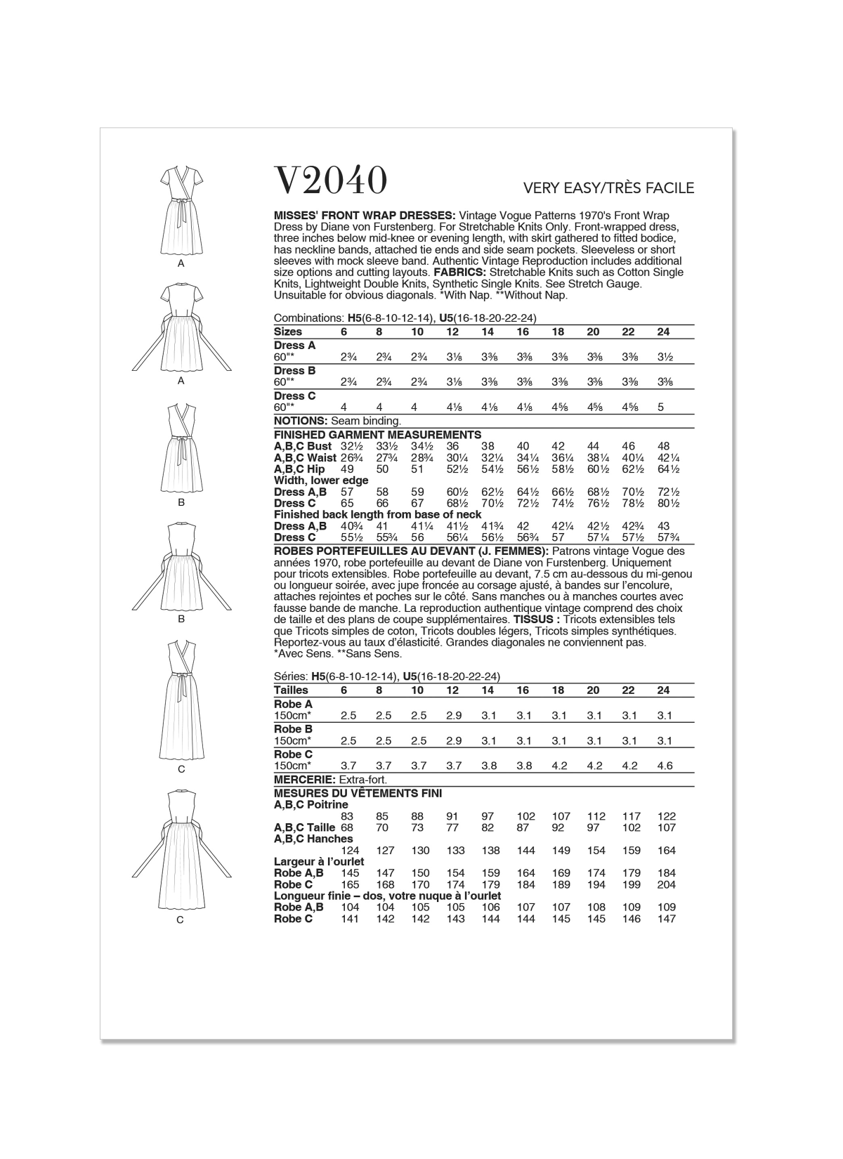 Vogue Patterns V2040 DVF Misses' Front Wrap Dresses by Diane von