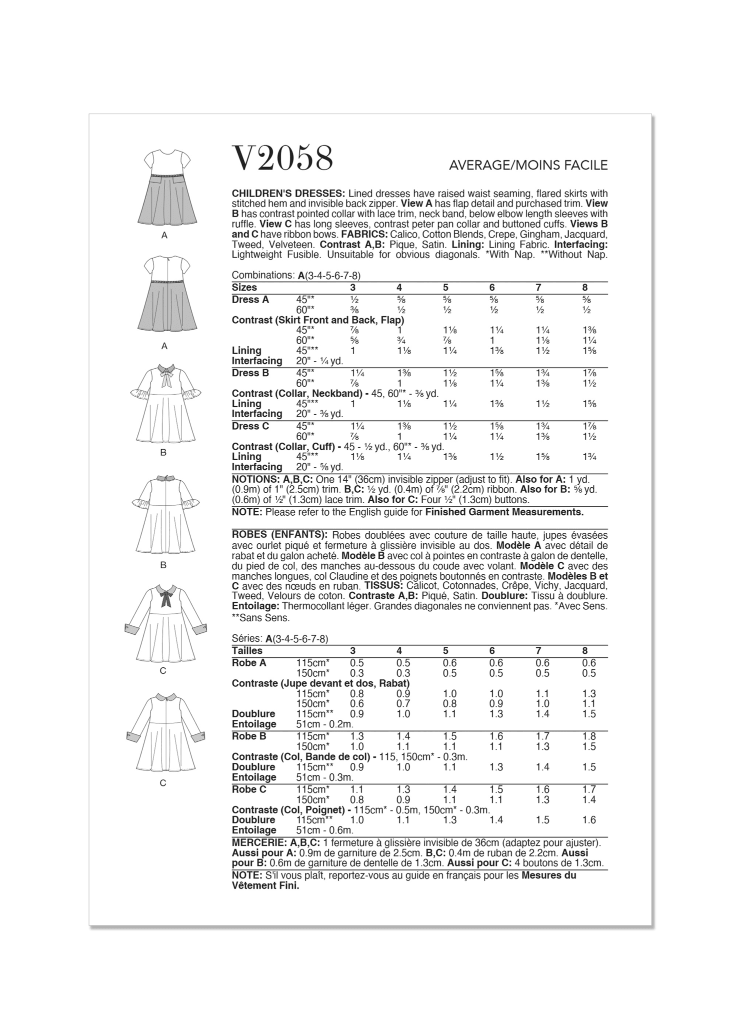 Vogue Sewing Pattern V2058 Children's Dresses