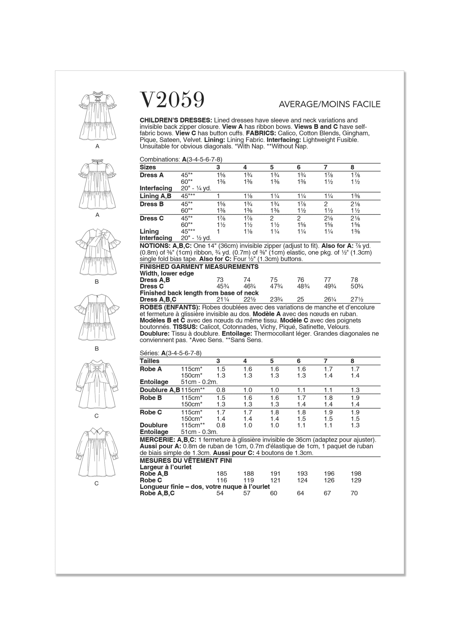 Vogue Sewing Pattern V2059 Children's Dresses