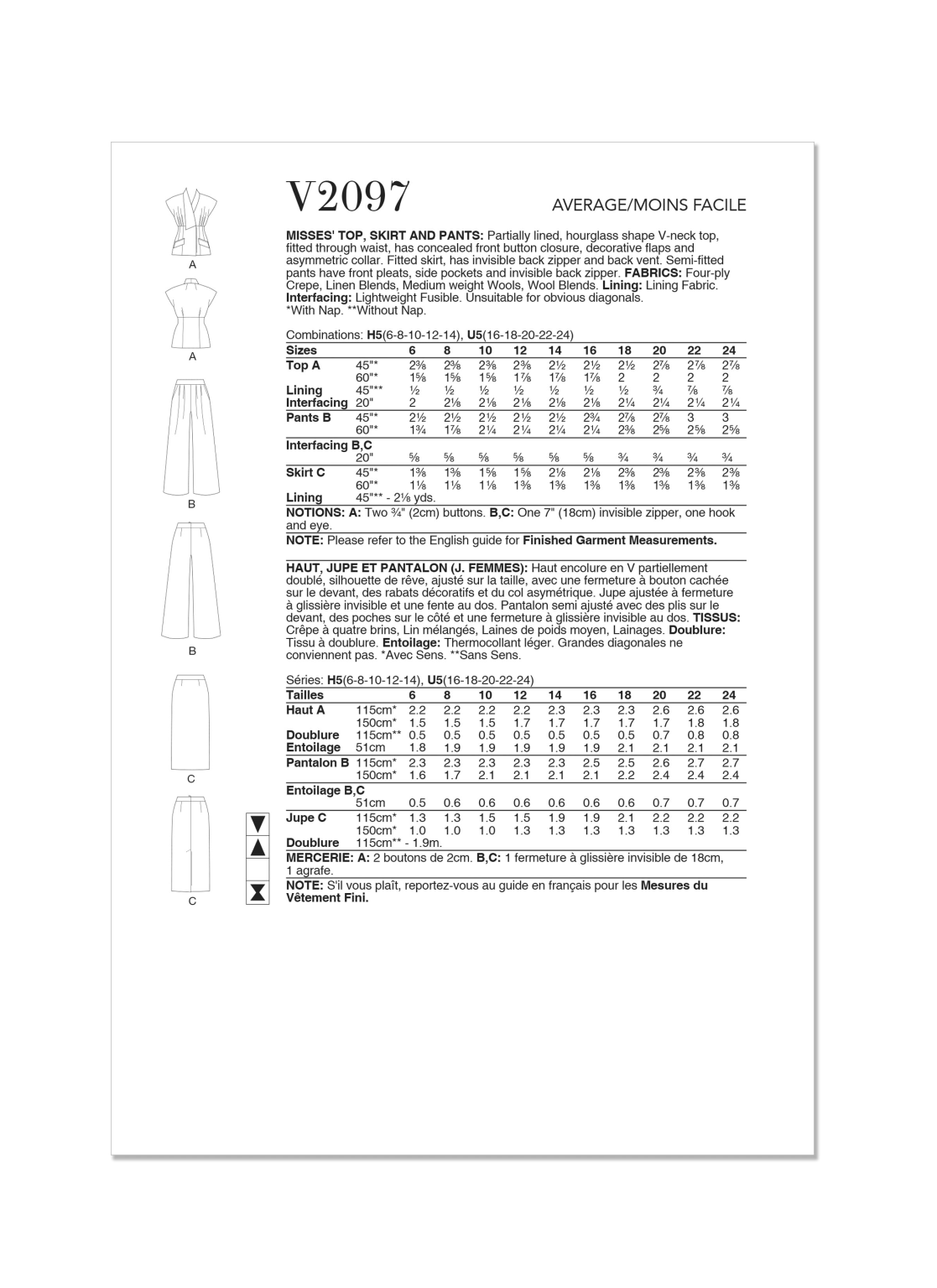 Vogue Patterns Sewing Pattern V2097 Misses’ Top, Skirt and Trousers ...