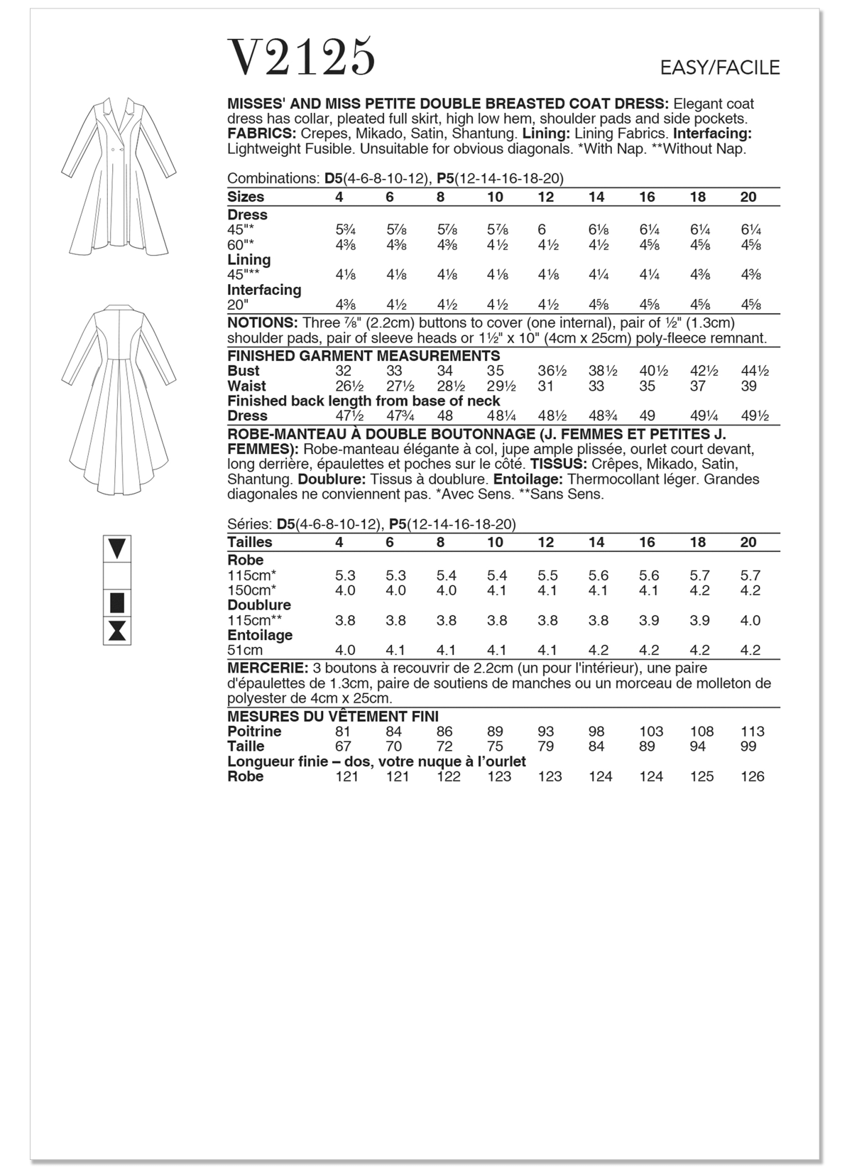 Vogue Patterns Sewing Pattern V2125 Misses' and Miss Petite Double Breasted Coat Dress