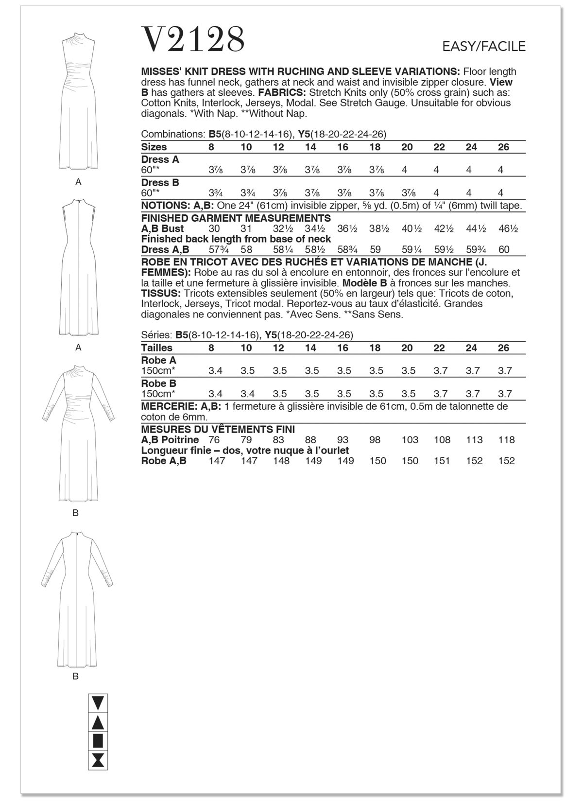 Vogue Patterns Sewing Pattern V2128 Misses' Knit Dress with Ruching and Sleeve Variations