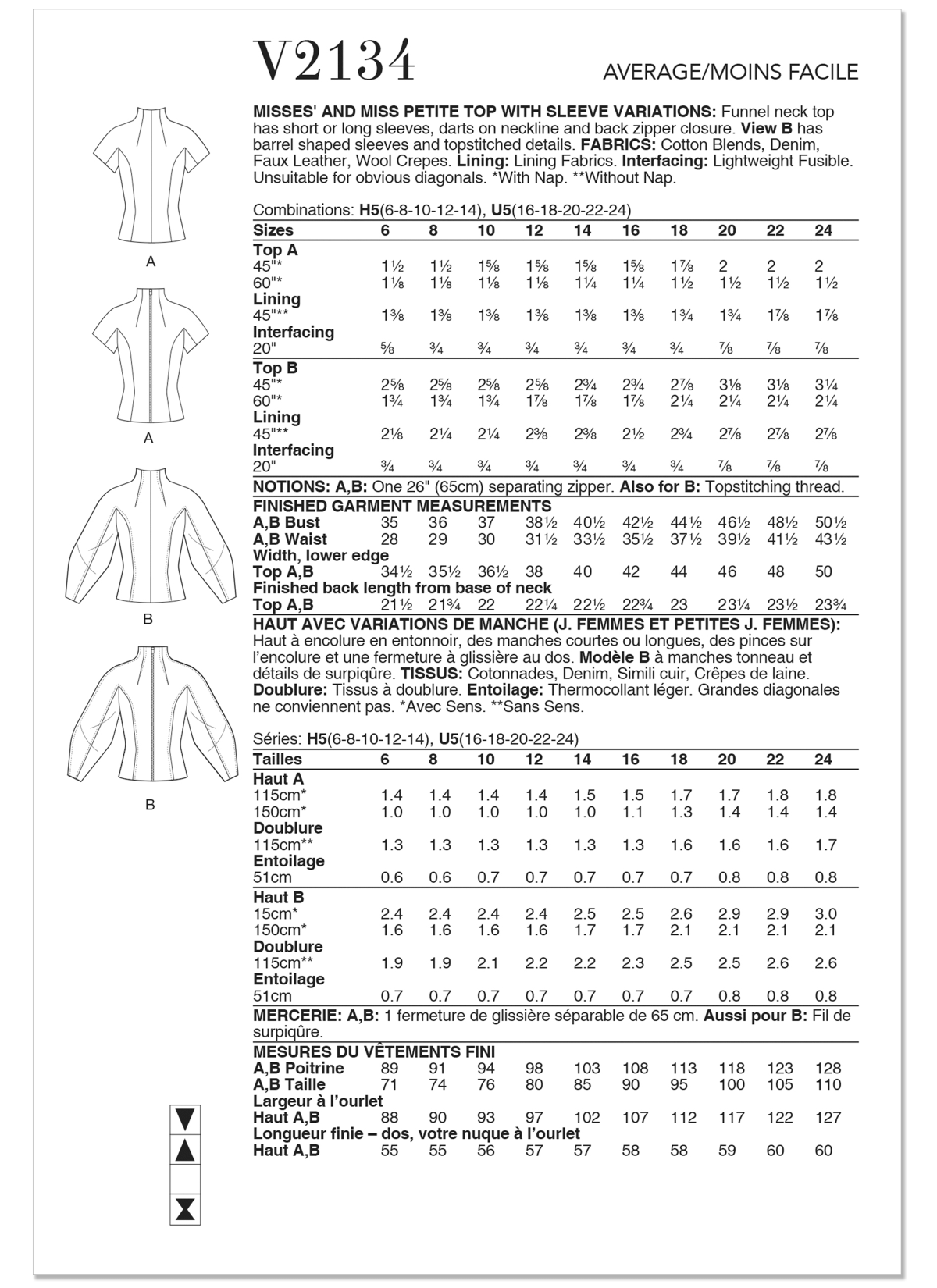 Vogue Patterns Sewing Pattern V2134 Misses' and Miss Petite Top with Sleeve Variations