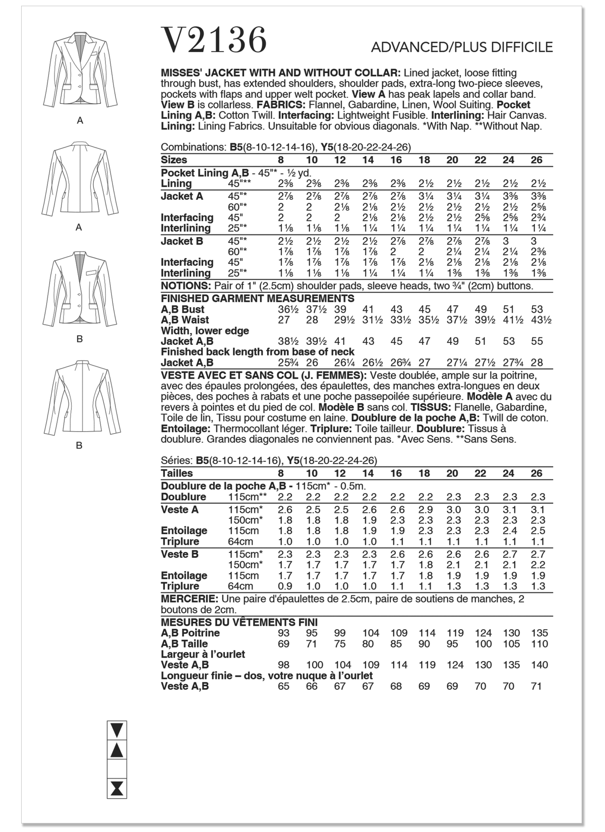 Vogue Patterns Sewing Pattern V2136 Misses' Jacket with and without Collar