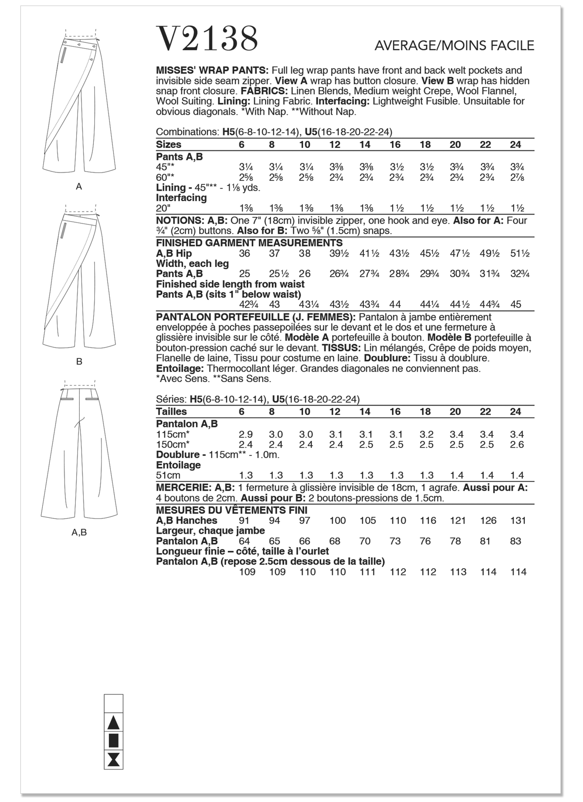 Vogue Patterns Sewing Pattern V2138 Misses' Wrap Trousers