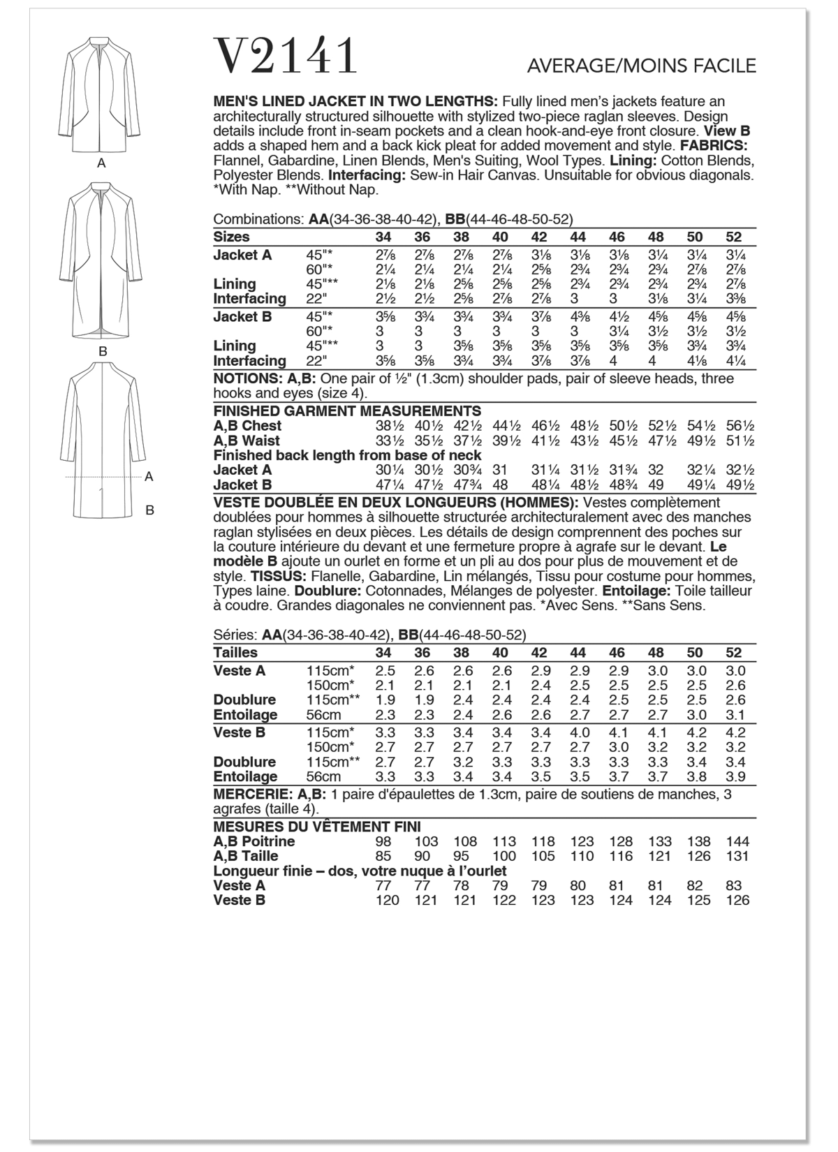 Vogue Patterns Sewing Pattern V2141 Men's Lined Jacket in Two Lengths
