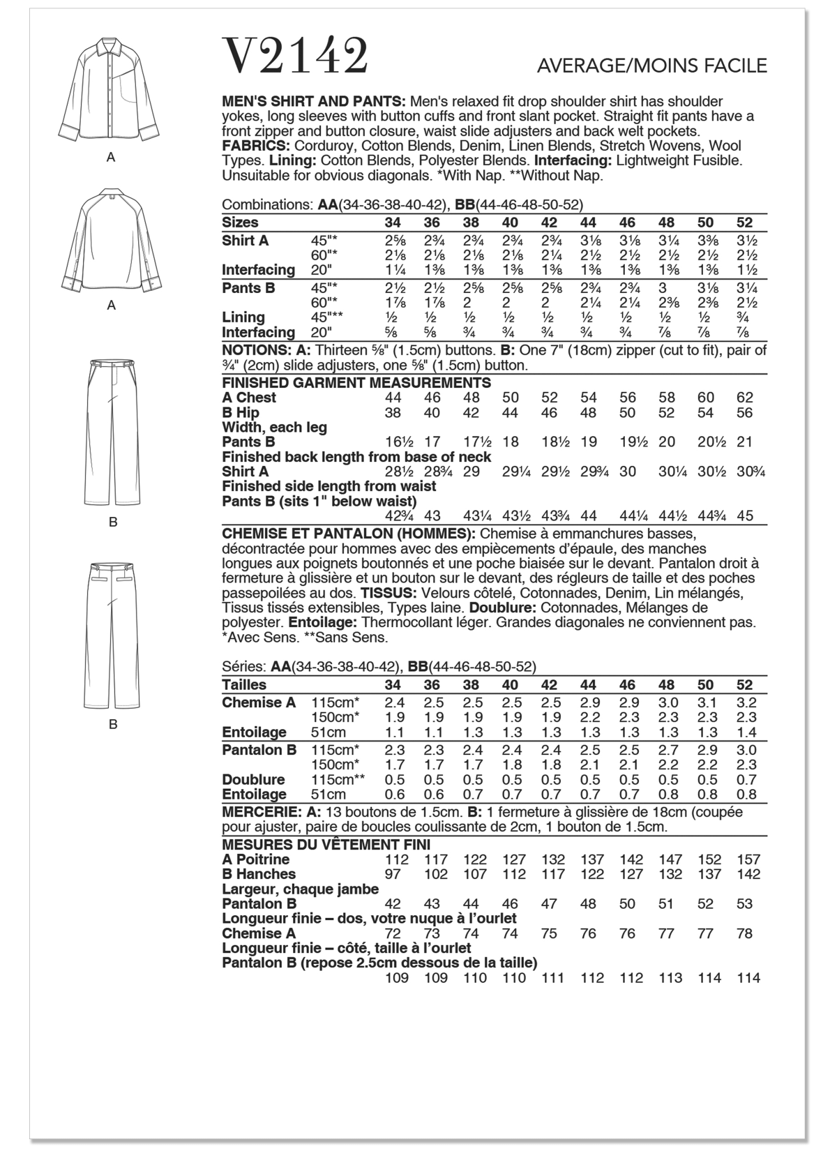 Vogue Patterns Sewing Pattern V2142 Men's Shirt and Trousers