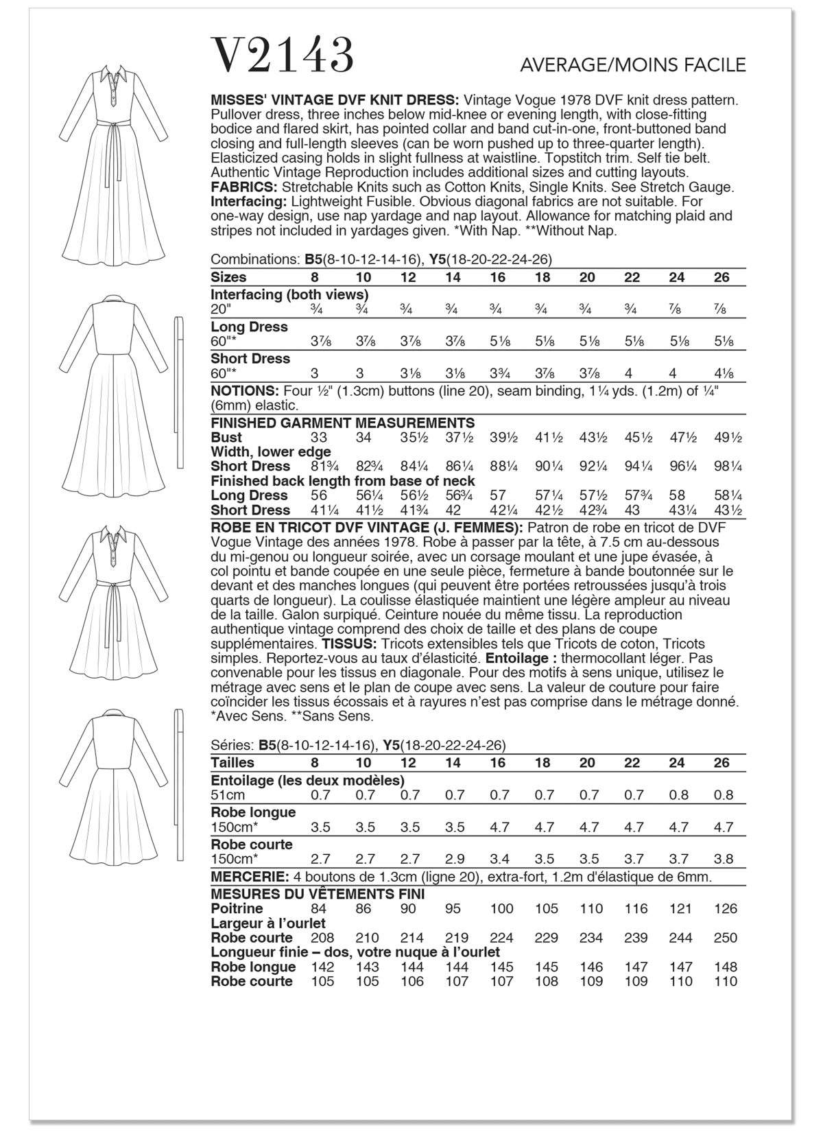 Vogue Patterns Sewing Pattern V2143 Misses' Vintage Knit Dress by