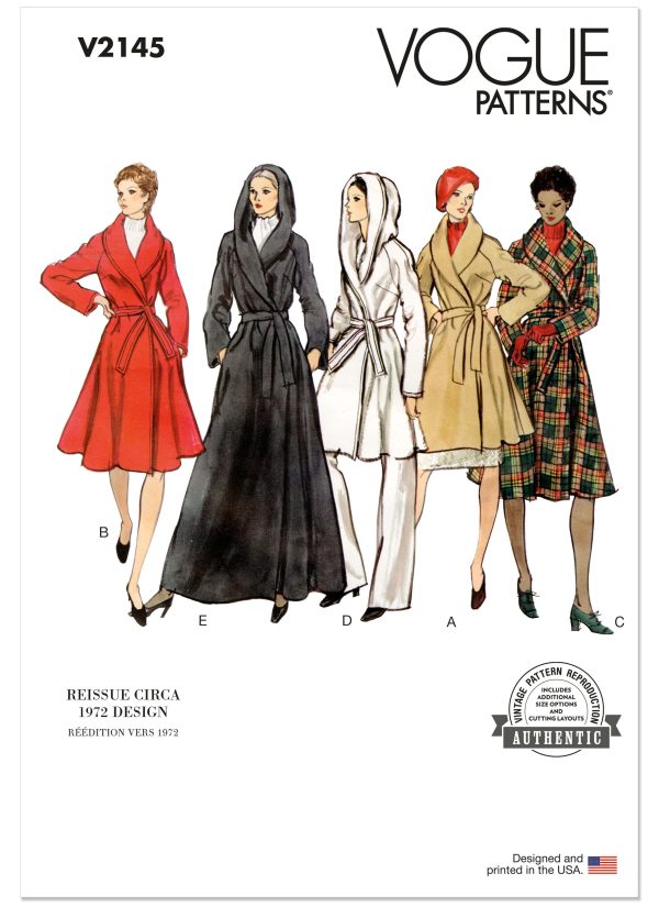 Vogue Patterns Sewing Pattern V2145 Misses' Vintage Lined Wrap Coat and Belt
