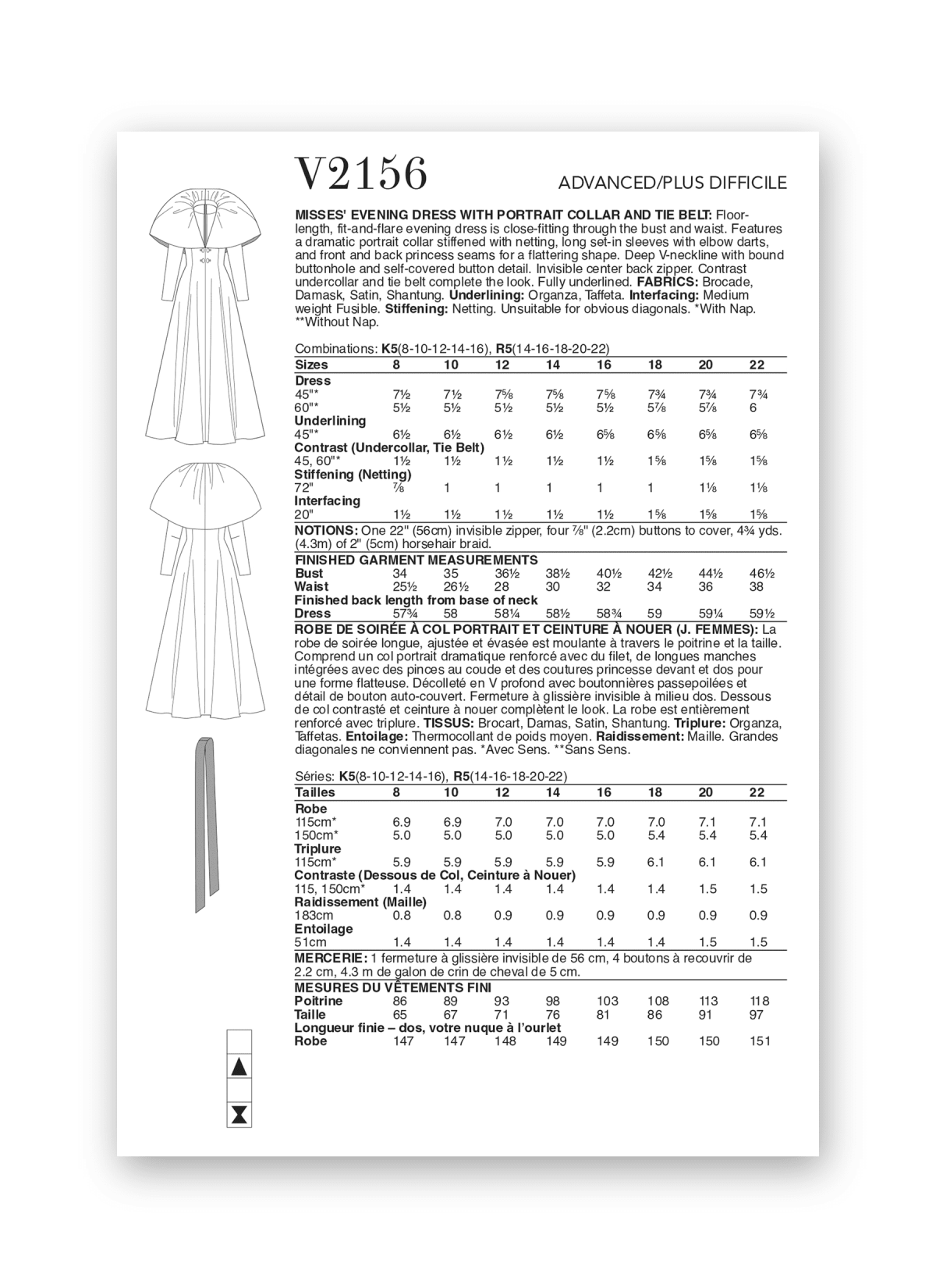 Vogue Patterns Sewing Pattern V2156 Misses' Evening Dress with Portrait Collar and Tie Belt