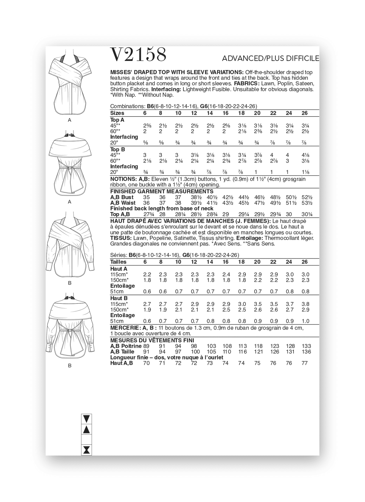Vogue Patterns Sewing Pattern V2158 Misses' Draped Top with Sleeve Variations