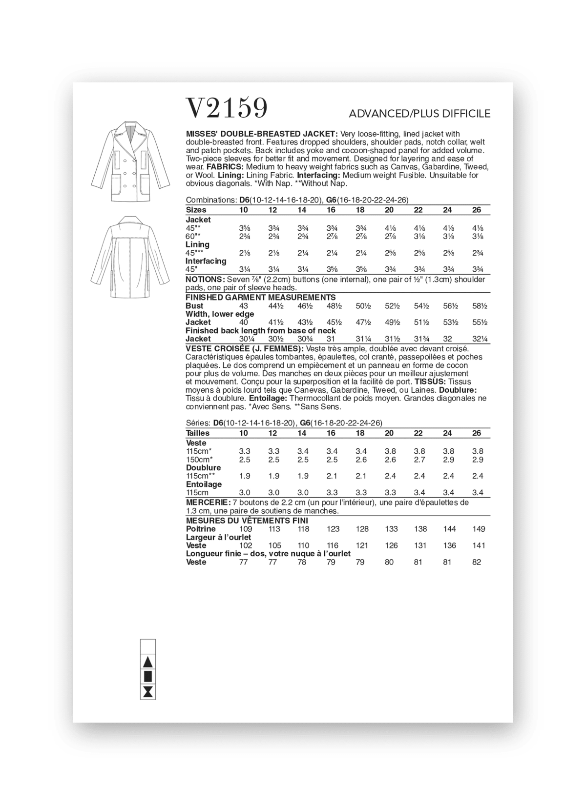 Vogue Patterns Sewing Pattern V2159 Misses' Double-Breasted Jacket