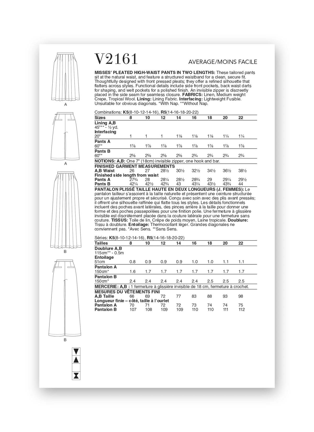 Vogue Patterns Sewing Pattern V2161 Misses' Pleated High Waist Trousers in Two Lengths