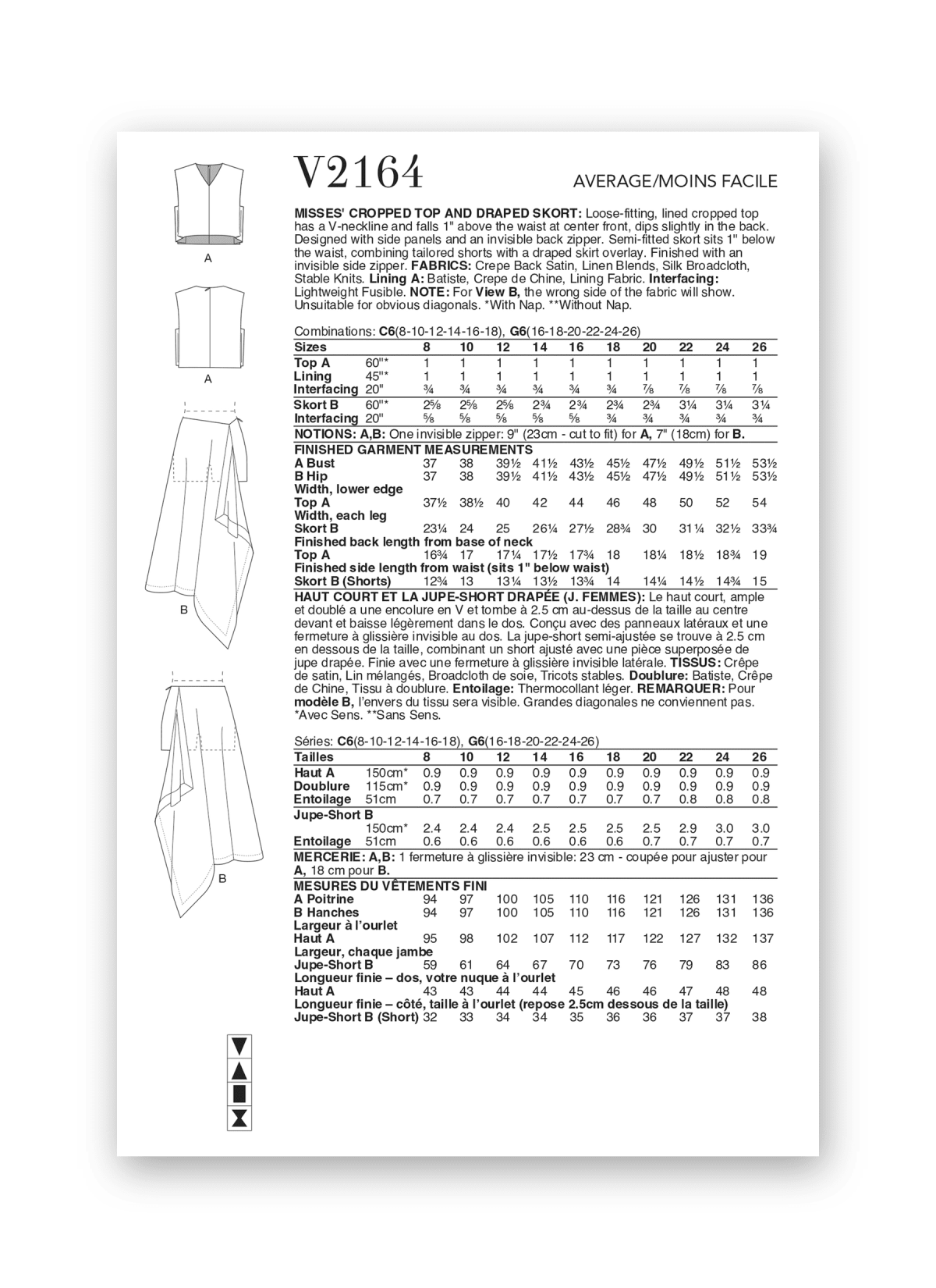 Vogue Patterns Sewing Pattern V2164 Misses' Cropped Top and Draped Skort