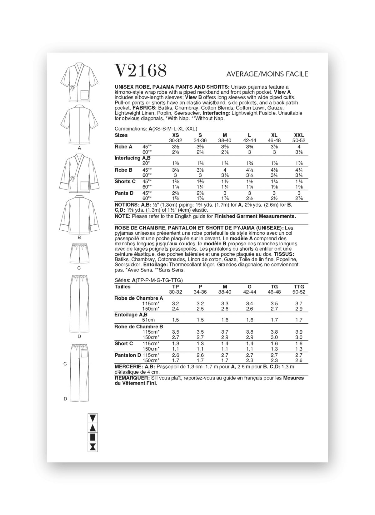 Vogue Patterns Sewing Pattern V2168 Unisex Robe, Pyjama Trousers and Shorts