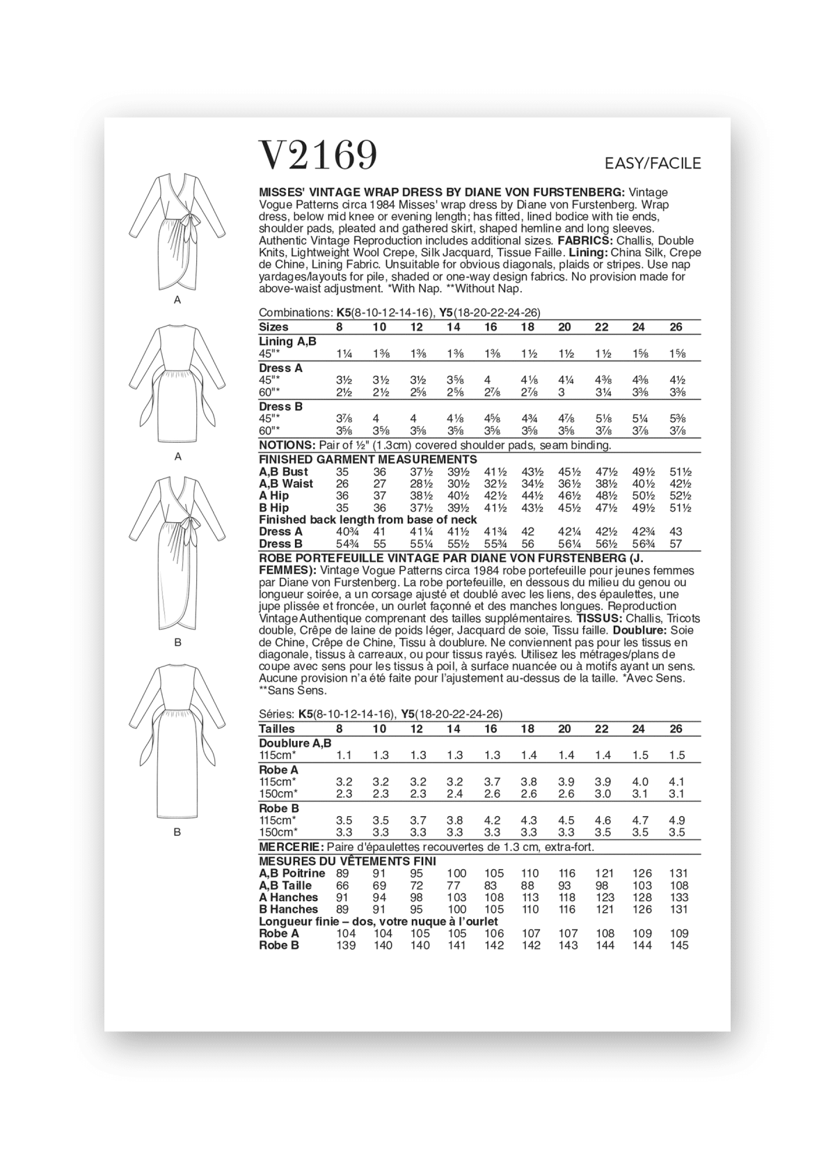 Vogue Patterns Sewing Pattern V2169 Misses' Vintage Wrap Dress by Diane von Furstenberg