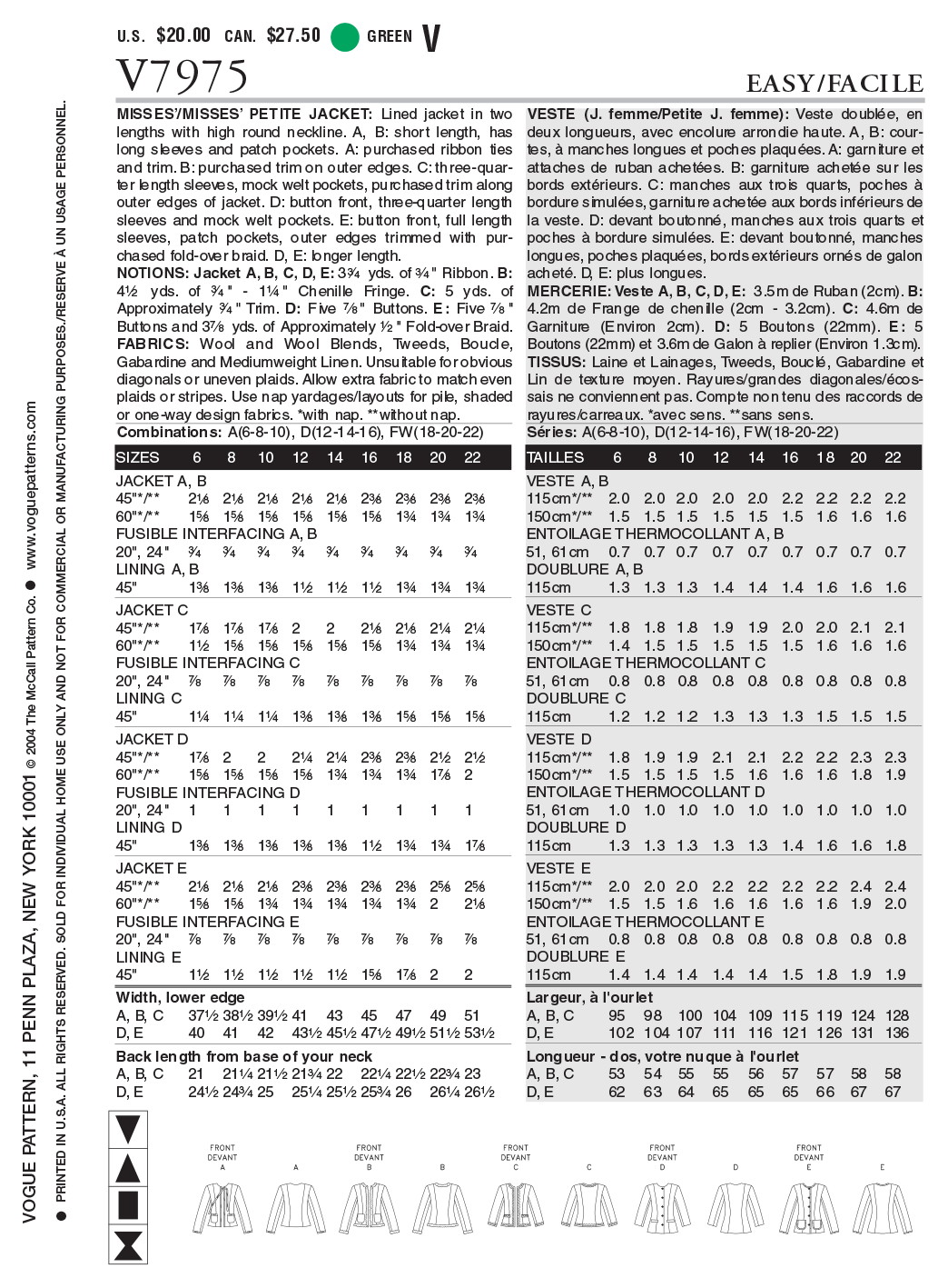 Vogue Patterns V7975 Misses'/Misses' Petite Jacket