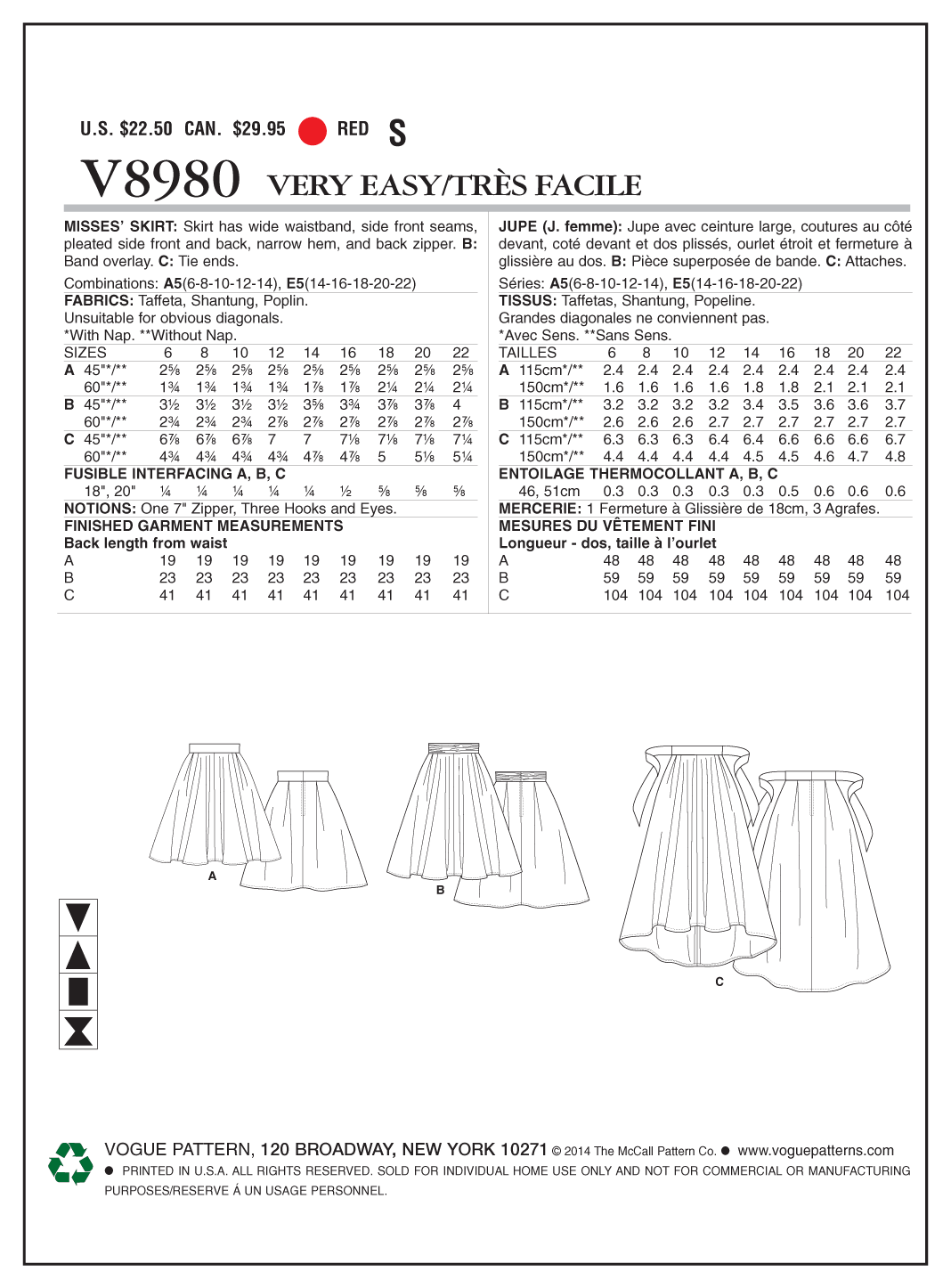 Vogue Patterns V8980 Misses' Skirt