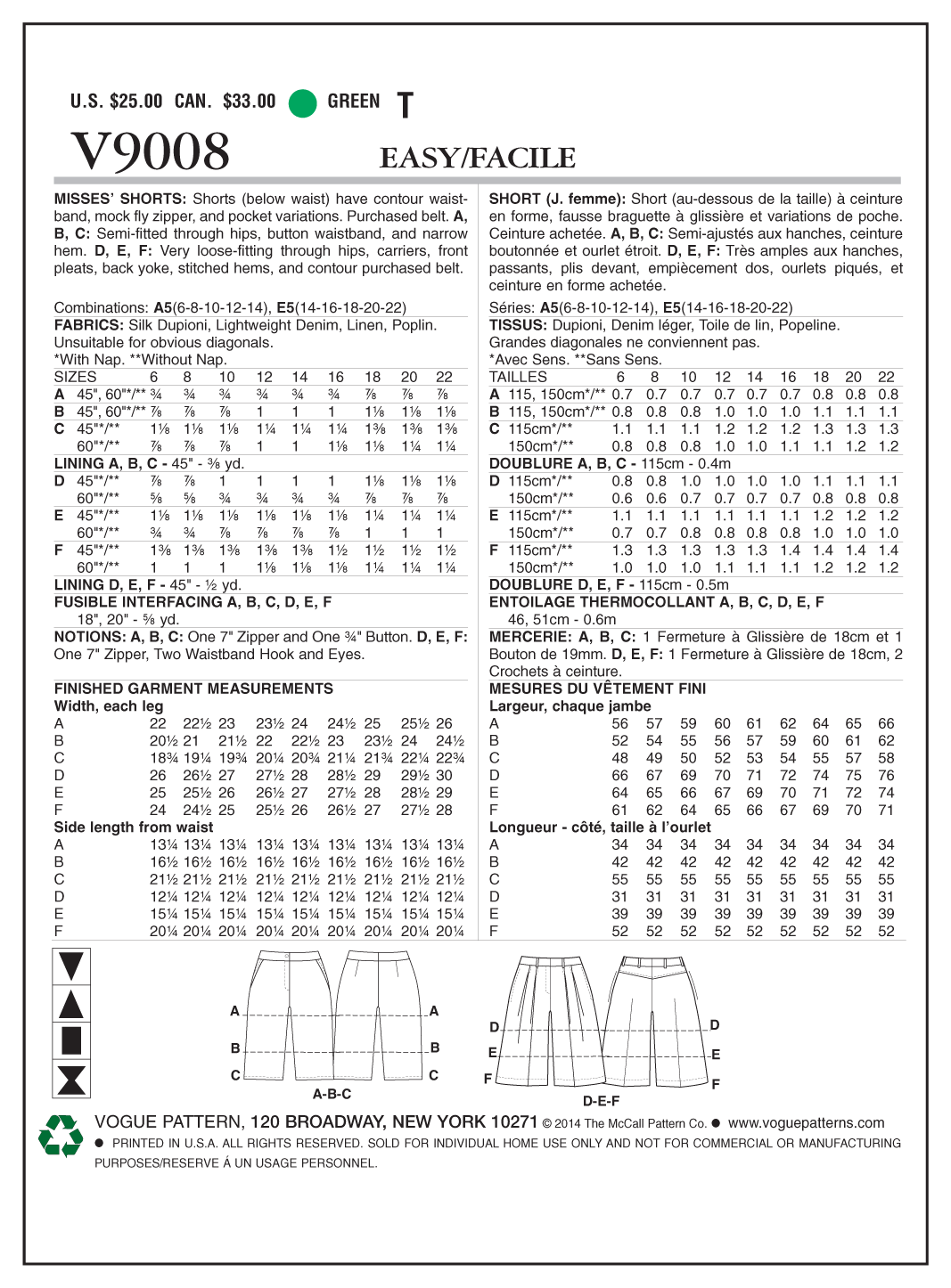 Vogue Patterns V9008 Misses' Shorts