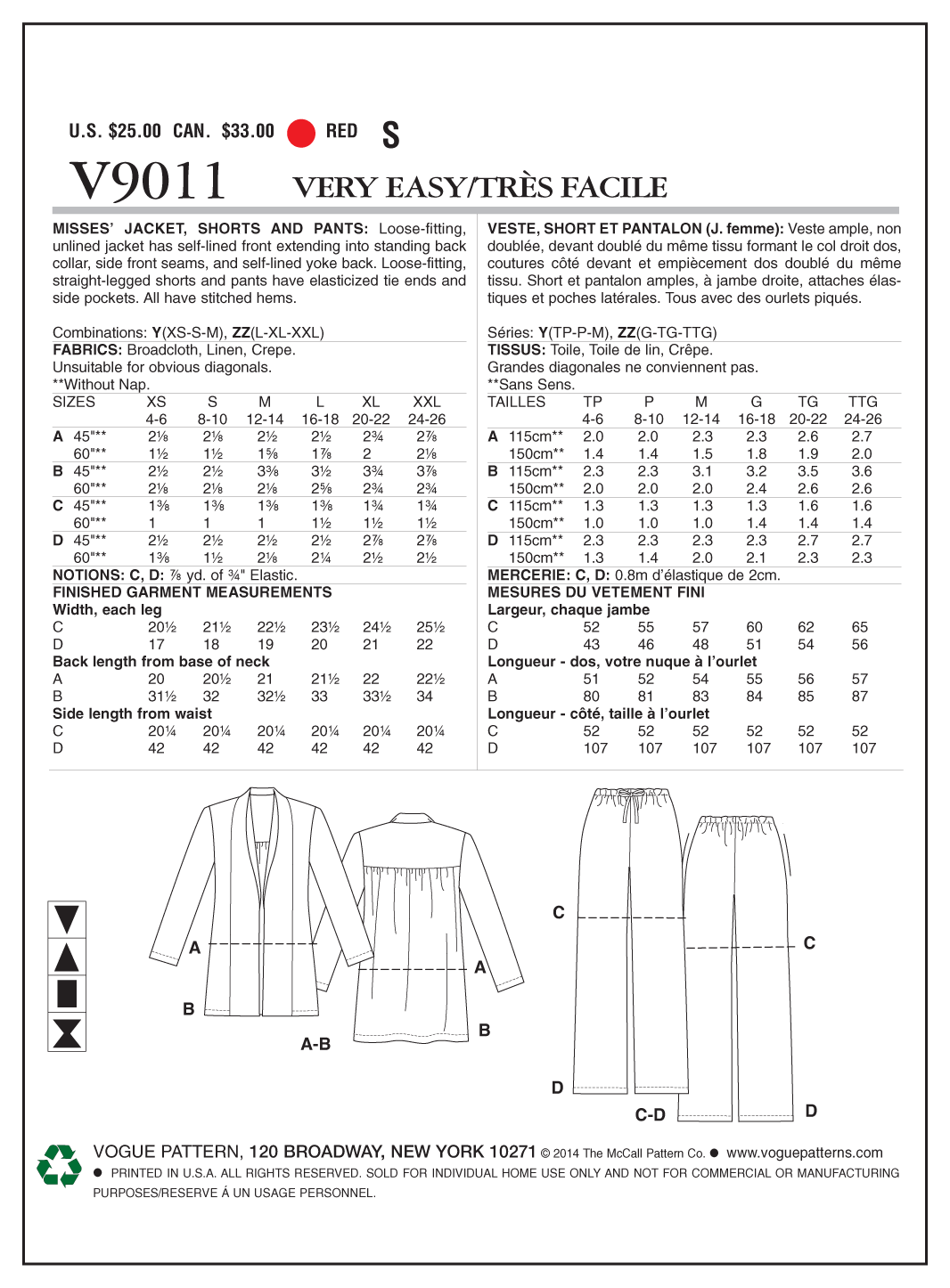 Vogue Patterns V9011 Misses' Jacket, Shorts and Pants