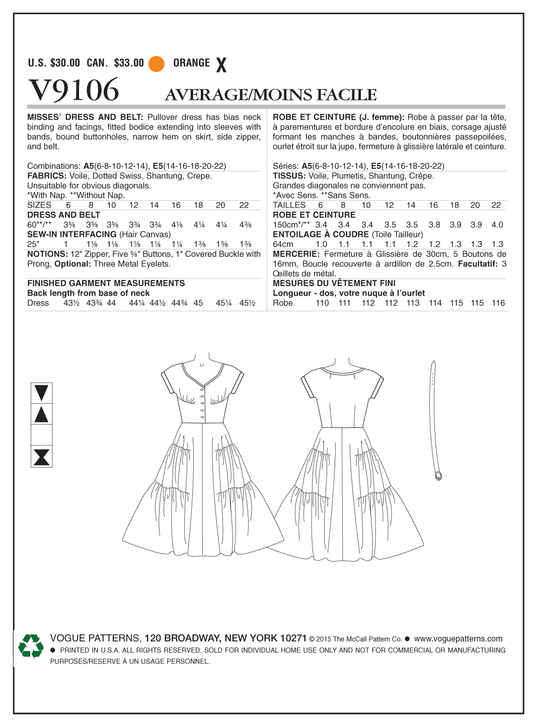 Vogue Patterns V9106 Misses' Dress and Belt