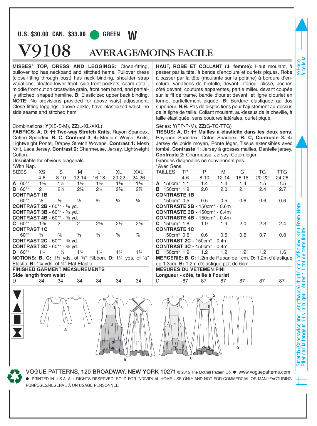 Vogue Patterns V9108 Misses' Top, Dress and Leggings